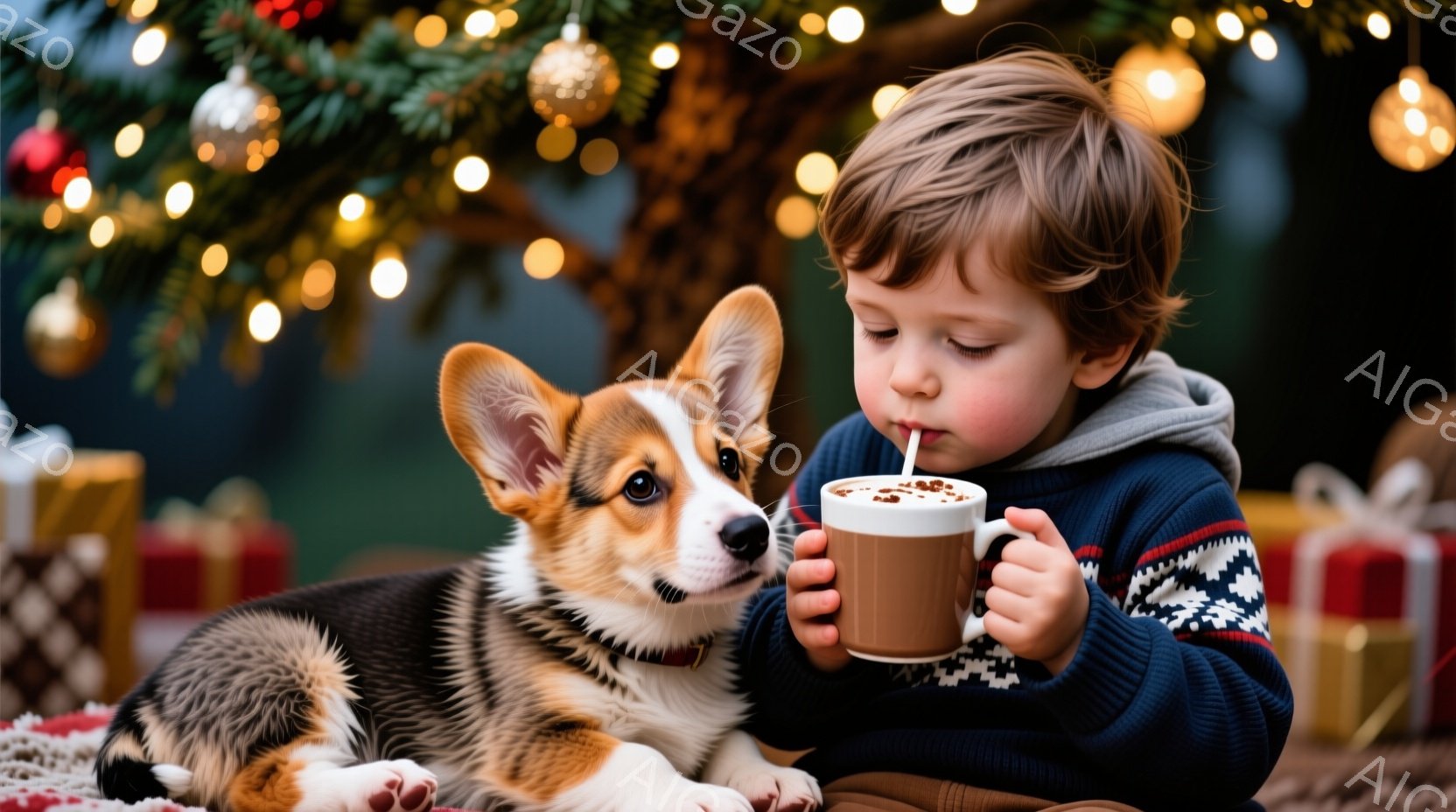 少年はチョコレート色の飲み物をストローで飲んでおり、ニットのセーターを着ています。コーギーの子犬が少年の横に寄り添い、見上げています。背景にはクリスマスツリーやプレゼントがあり、暖かく穏やかな雰囲気です。