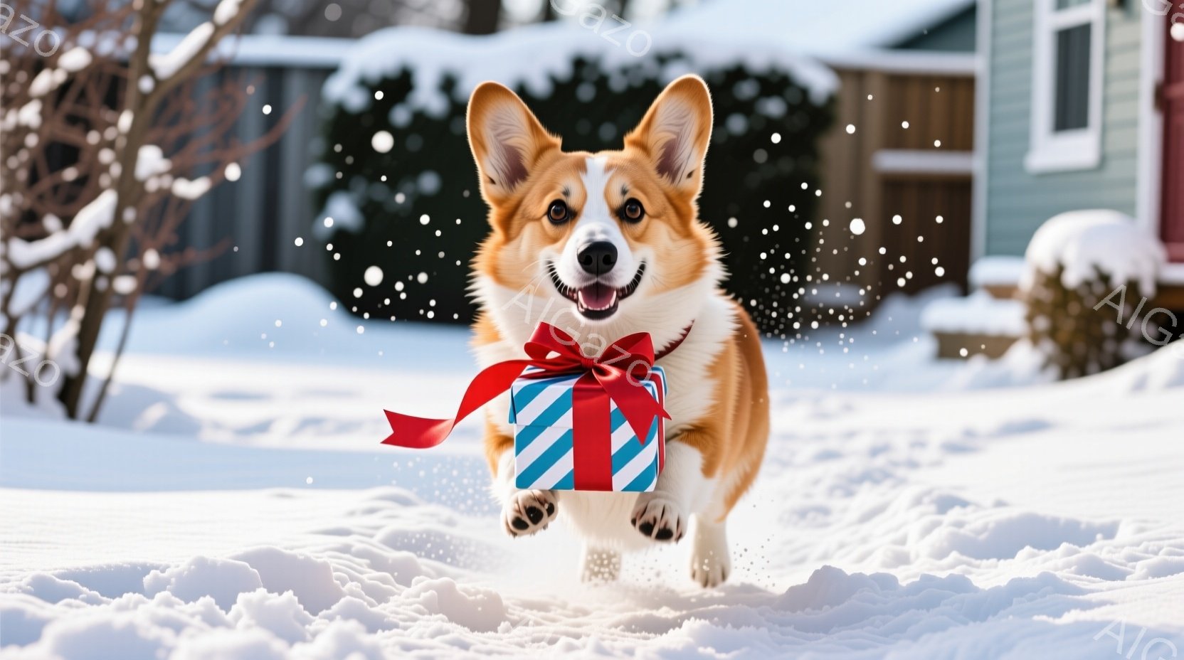 雪が降る庭で、コーギー犬がプレゼントの箱をくわえて走っている姿が写っている。犬は口を開けて嬉しそうに走り、雪の上には足跡が残っている。背景には住宅が見え、冬の穏やかな雰囲気が漂っている。 - AI生成フリー素材