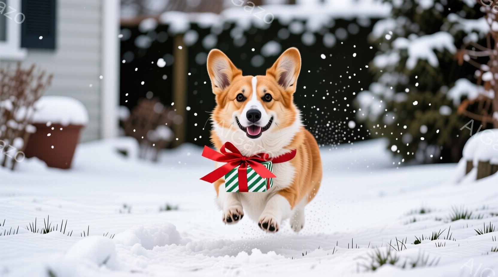 白い雪景色の中で、赤いリボンを首につけたコーギー犬が、緑と赤のストライプのプレゼントボックスを持って走っている。犬は口を開けて嬉しそうに微笑み、雪の上を勢いよく駆け抜けている。背景には雪に覆われた植物 - AI生成フリー素材
