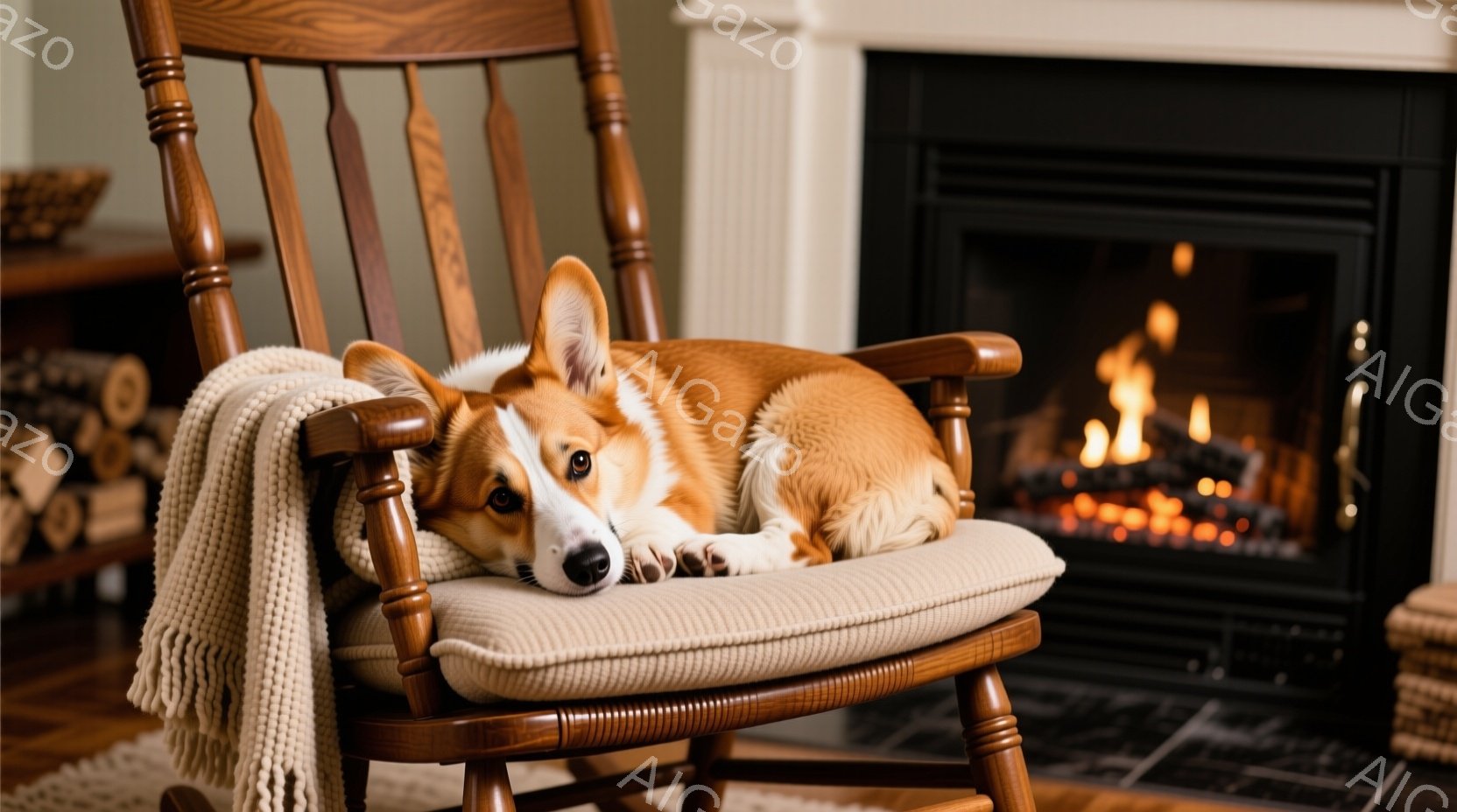 暖炉のそばに置かれたロッキングチェアに、コーギー犬がゆったりとくつろいでいる。犬は白いクッションの上に横たわり、暖炉の炎を見つめているようで、穏やかでリラックスした表情をしている。背景には木材が積まれ - AI生成フリー素材