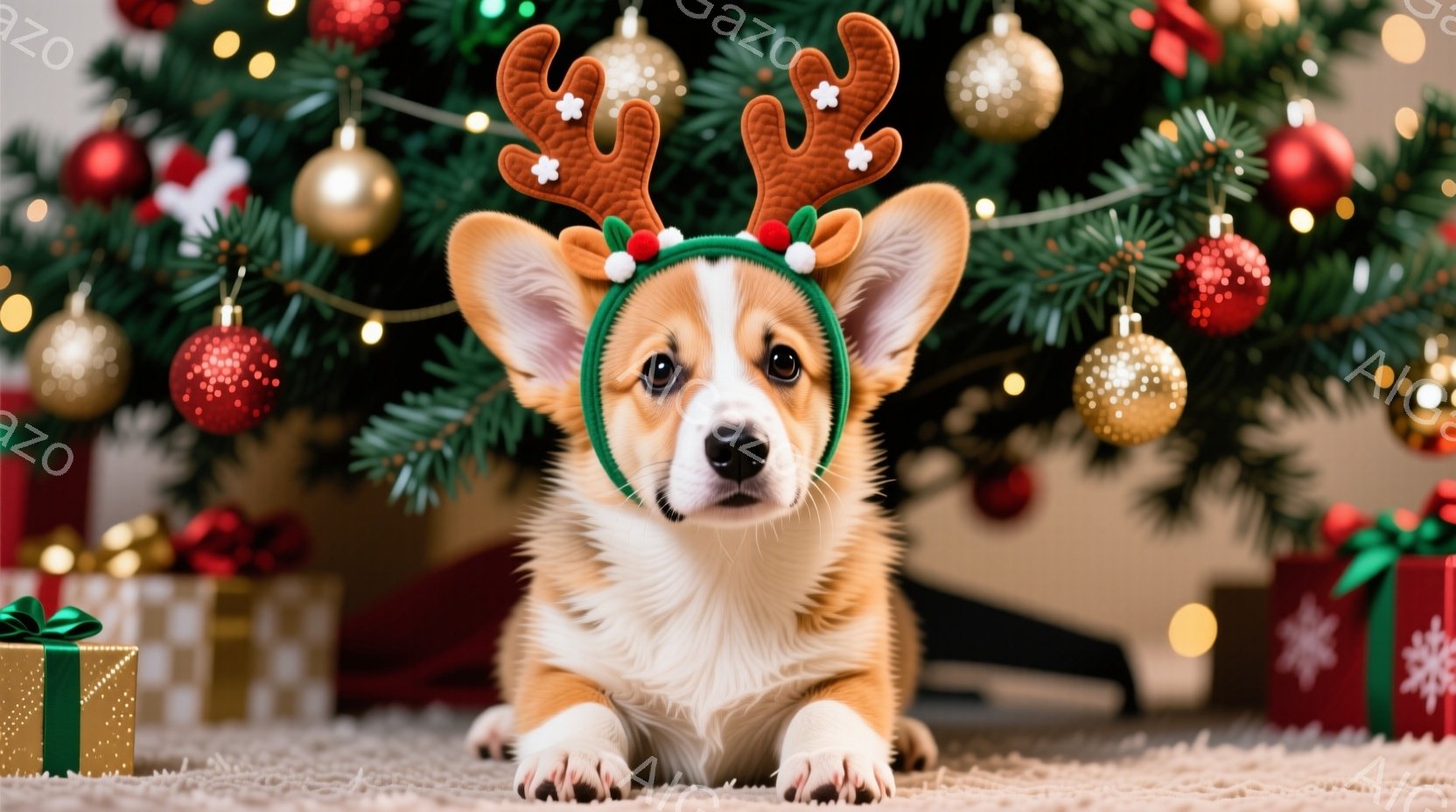 鮮やかなクリスマスツリーを背景に、コギ犬が可愛らしいトナカイの角のヘッドバンドを付けて座っています。子犬は正面を見つめ、穏やかで愛らしい表情を浮かべており、その毛並みは明るいオレンジ色と白のコントラス - AI生成フリー素材
