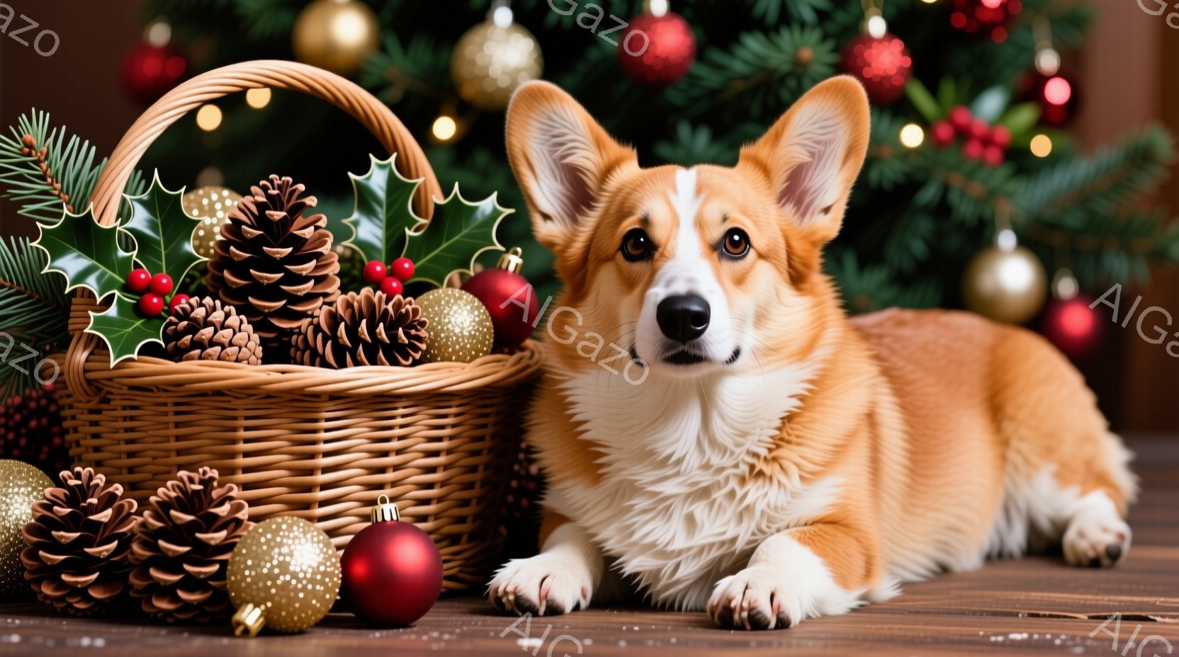 鮮やかな赤色のコルギ犬が、クリスマスらしい装飾が施されたバスケットの横に横たわっています。犬は前足を伸ばし、穏やかな表情でカメラを見つめており、周囲には松ぼっくりや赤いオーナメントが散りばめられていま - AI生成フリー素材