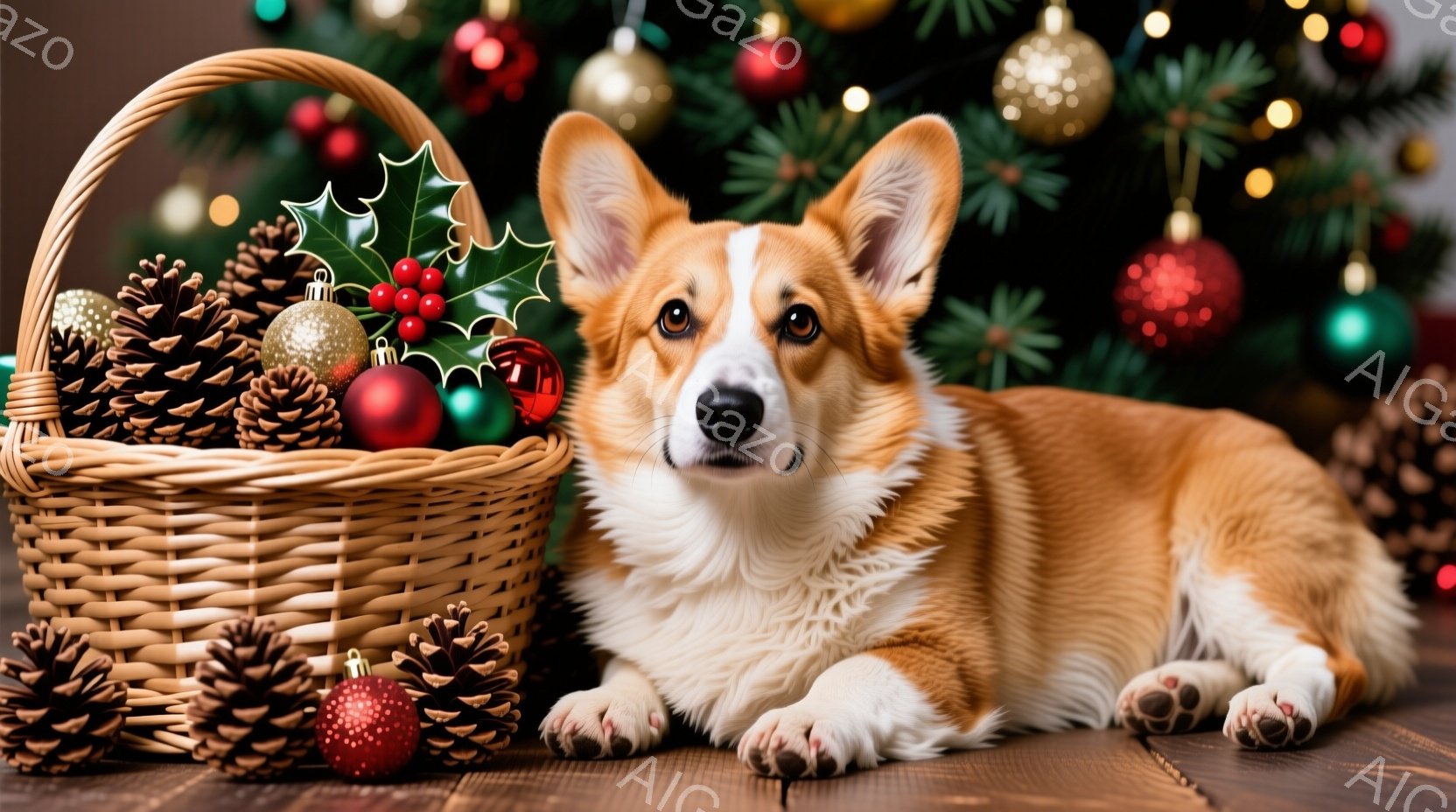 暖炉の木製の床に、コーギー犬がリラックスして横たわっています。その隣には、松ぼっくりと赤いオーナメントでいっぱいの籐のバスケットがあり、背景にはクリスマスツリーのぼやけた光が輝いています。全体的に、温かくお祝いの雰囲気で、クリスマスの季節を感じさせます。