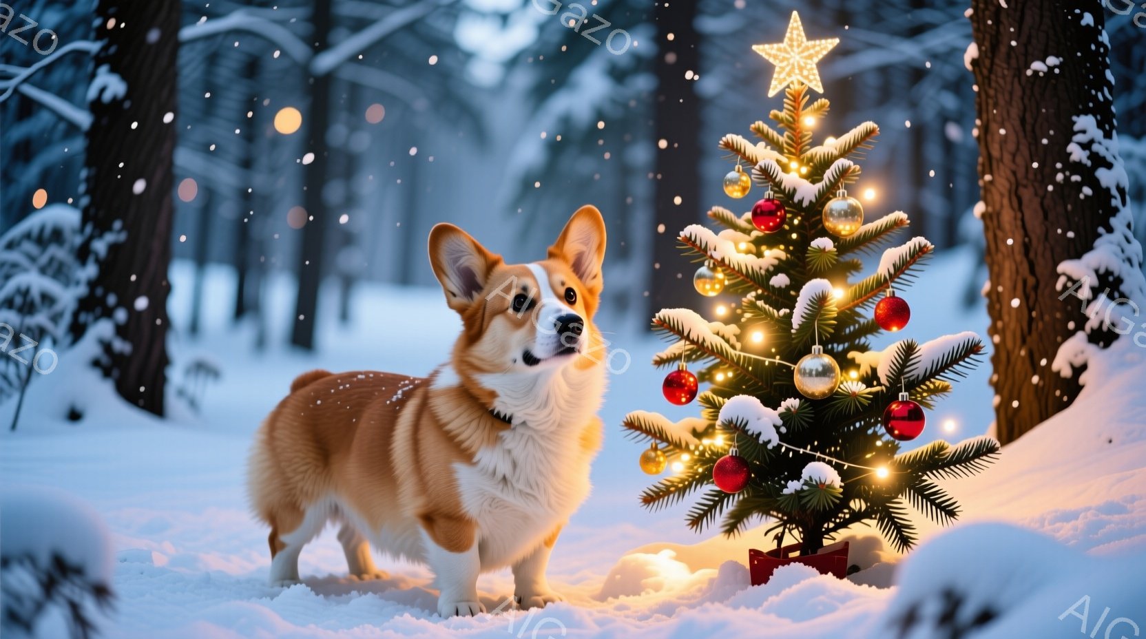雪景色の中に、可愛らしいコーギー犬が立っています。犬は首輪をつけており、少し上を見上げています。背景にはクリスマスツリーが飾られており、雪が舞う冬の森の奥に位置しています。 - AI生成フリー素材