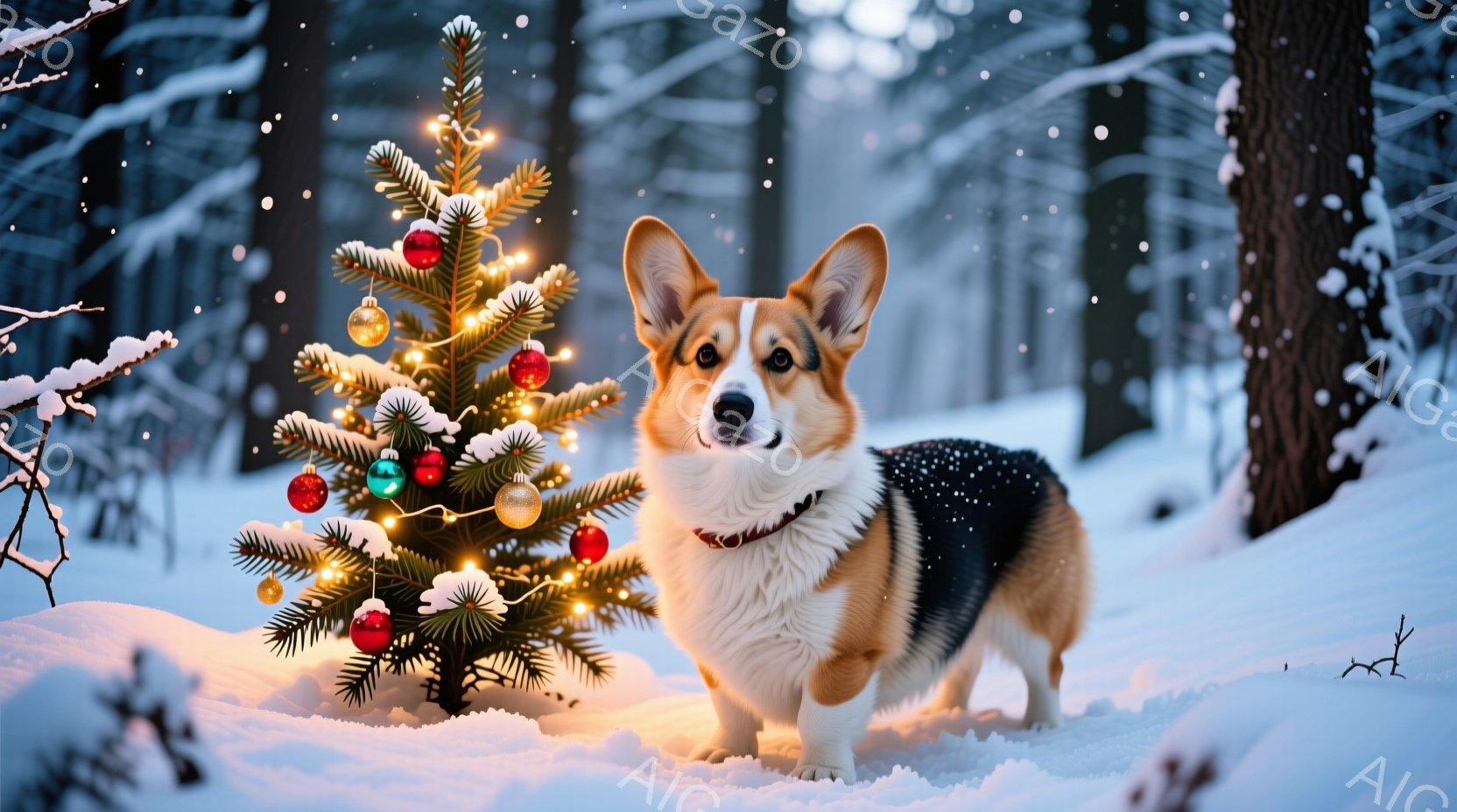 雪景色の中に、飾り付けられた小さなクリスマスツリーと、それを見つめるコーギー犬が立っています。コーギーは赤い首輪をつけており、少し誇らしげな表情でまっすぐ前を見つめています。背景には雪に覆われた木々があり、冬の静寂と温かいクリスマスの雰囲気が漂っています。