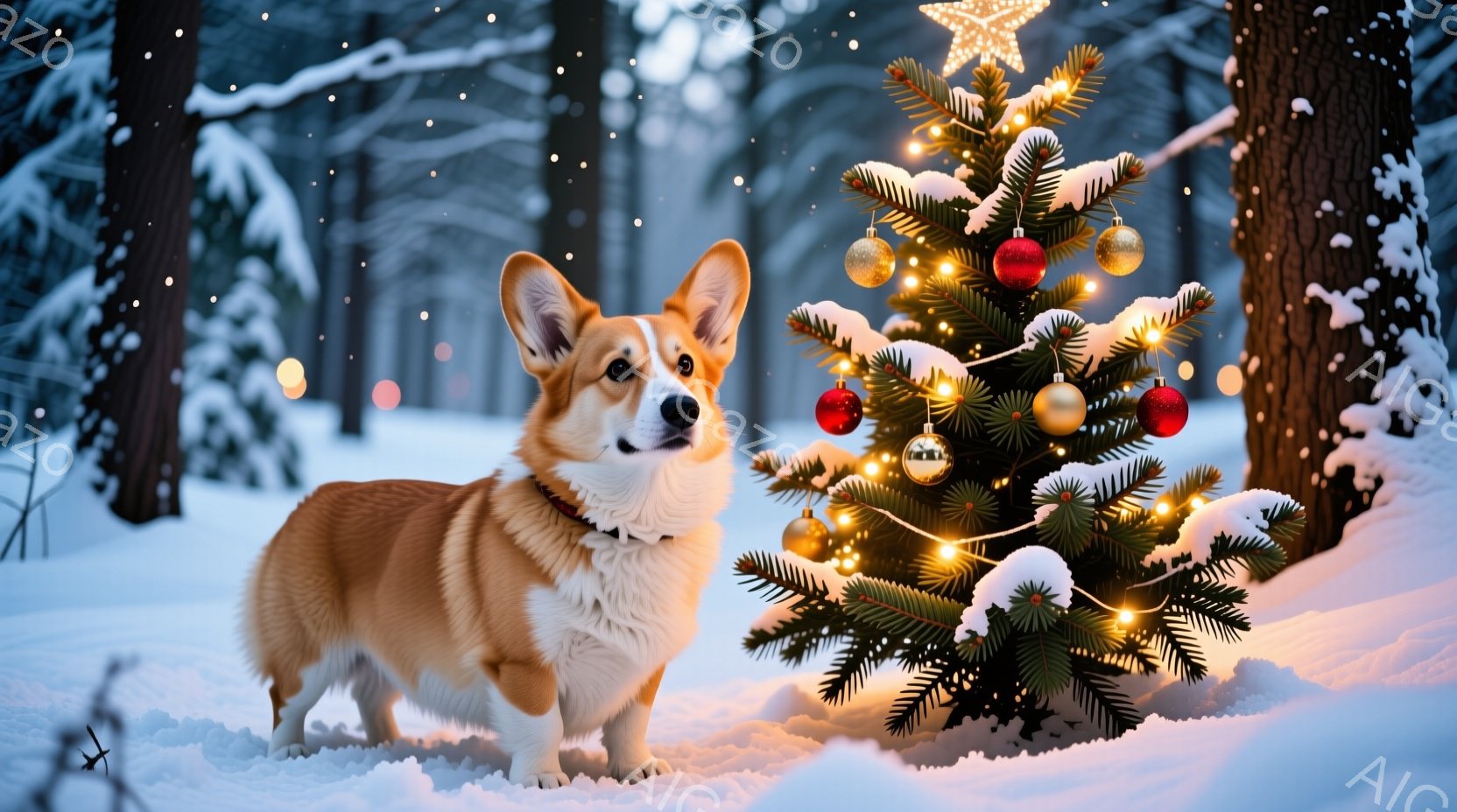 茶色のコーギー犬が雪景色の中でクリスマスツリーの隣に立っている。ツリーはオーナメントと電飾で飾られ、雪が積もっている。背景には木々が立ち並び、幻想的な冬の雰囲気が漂っている。 - AI生成フリー素材