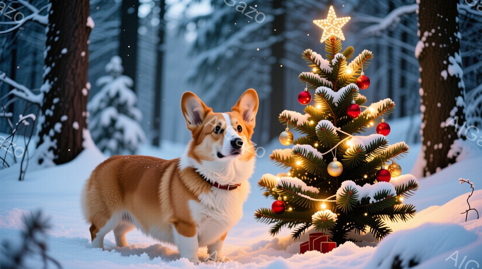 雪景色の中で、コーギー犬がクリスマスの飾り付けられた小さなモミの木を背景に立っている。犬は赤色の首輪をつけ、正面を見ており、穏やかで優しい表情をしている。背景には雪に覆われた木々が広がり、クリスマスの - AI生成フリー素材