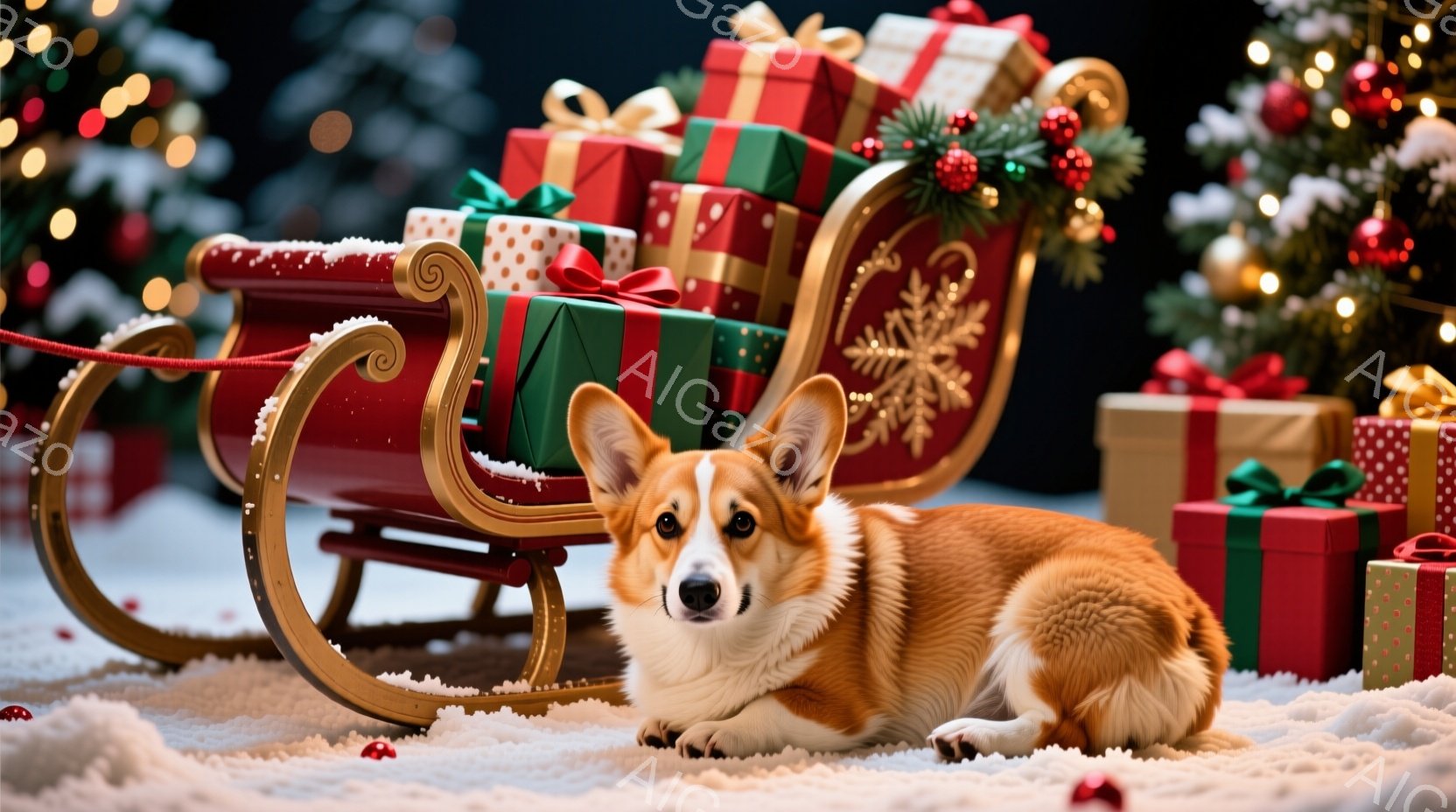 コーギー犬が雪の上に横たわり、背景には赤いそりや色とりどりのプレゼントが積み重ねられています。犬は前を向き、穏やかな表情でカメラを見ており、クリスマスの温かく幸せな雰囲気を醸し出しています。背景にはク - AI生成フリー素材
