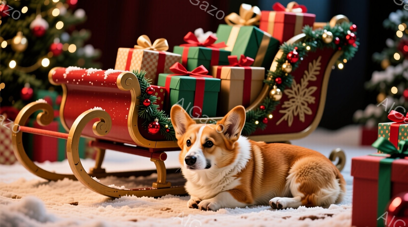 暖炉のある部屋で、赤いそりに包まれたプレゼントが置かれ、コーギー犬がその前に横たわっています。犬はリラックスした表情で、少しだけこちらを見ています。背景には、クリスマスツリーの光がちらちらと輝き、温か - AI生成フリー素材