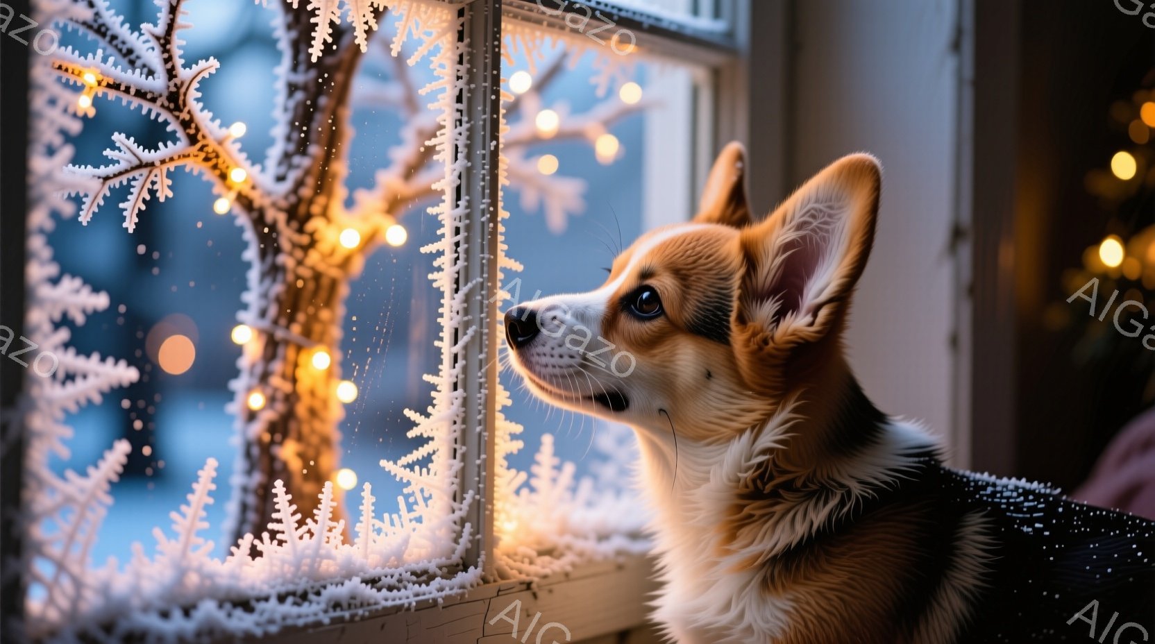 雪に覆われた窓枠に寄りかかり、コルギ犬が外を眺めている。背景にはぼやけたクリスマスツリーのイルミネーションが輝き、雪景色が広がっている。温かい光と犬の柔らかな毛並みが、冬の穏やかな雰囲気を醸し出してい - AI生成フリー素材