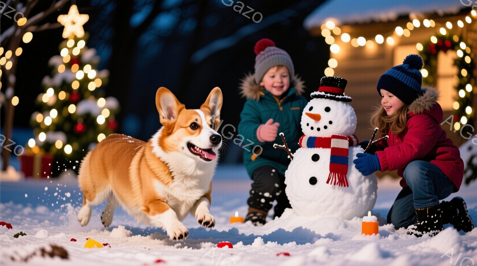 雪景色の中で、笑顔の少年が雪だるまの顔を飾っています。彼は赤い帽子と緑のジャケットを着ており、楽しそうな表情をしています。背景には、キラキラと輝くイルミネーションで飾られた家があり、暖かく幻想的な雰囲気を醸し出しています。
