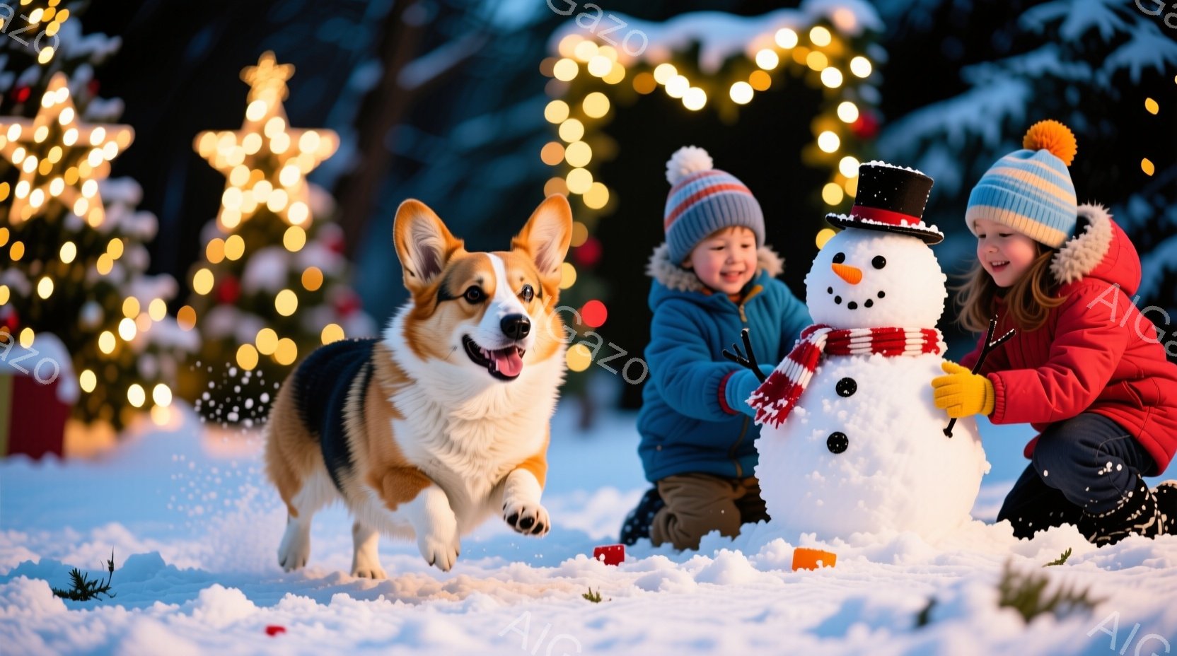 雪景色の中で、コーギー犬が勢いよく駆けている。二人の子供たちは雪だるまを作っており、片方の子供は赤いジャケットと帽子を身につけ、もう片方の子供は青い帽子とジャケットを着ている。背景にはクリスマスツリー - AI生成フリー素材