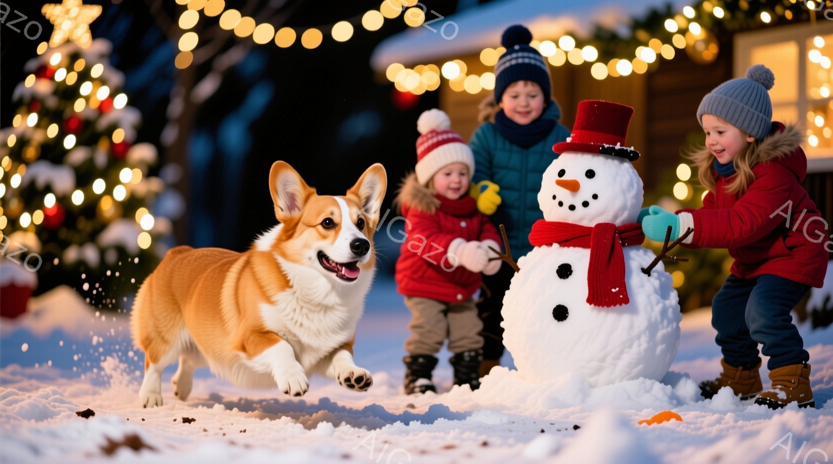雪景色の中で、コルギ犬が雪の上を走り、小さな女の子が雪だるまの顔を付けています。女の子は赤い防寒着と帽子をかぶり、雪だるまに目と口を付けている姿は楽しげです。背景には、クリスマスツリーの飾りが輝き、暖かい光が雪景色を照らしています。