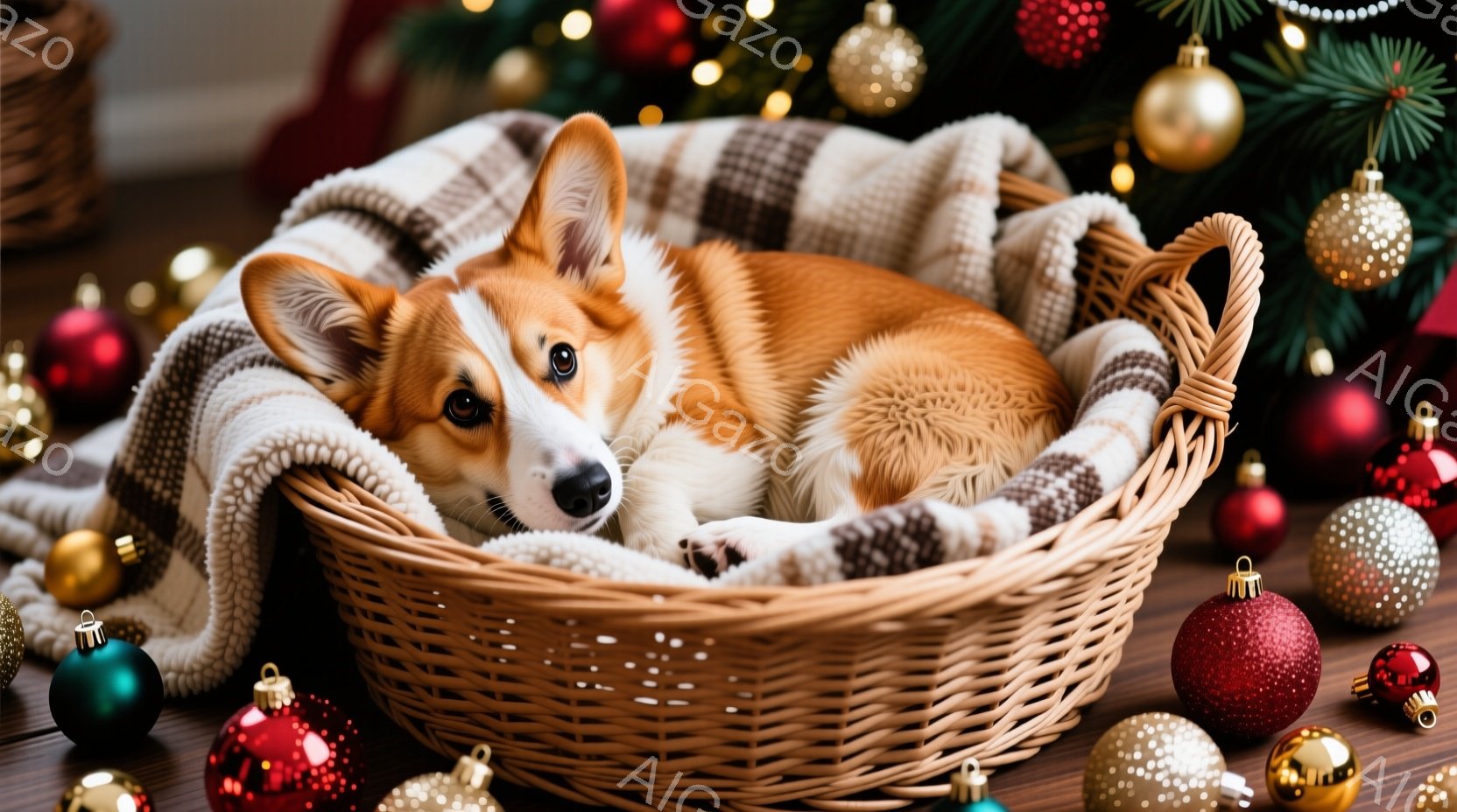 編まれたバスケットの中に横たわるコーギーの犬が写っています。犬は白い胸と足、そして明るい茶色の体を持っており、リラックスした表情で目を少し閉じ、穏やかな雰囲気を醸し出しています。背景には、クリスマスツ - AI生成フリー素材