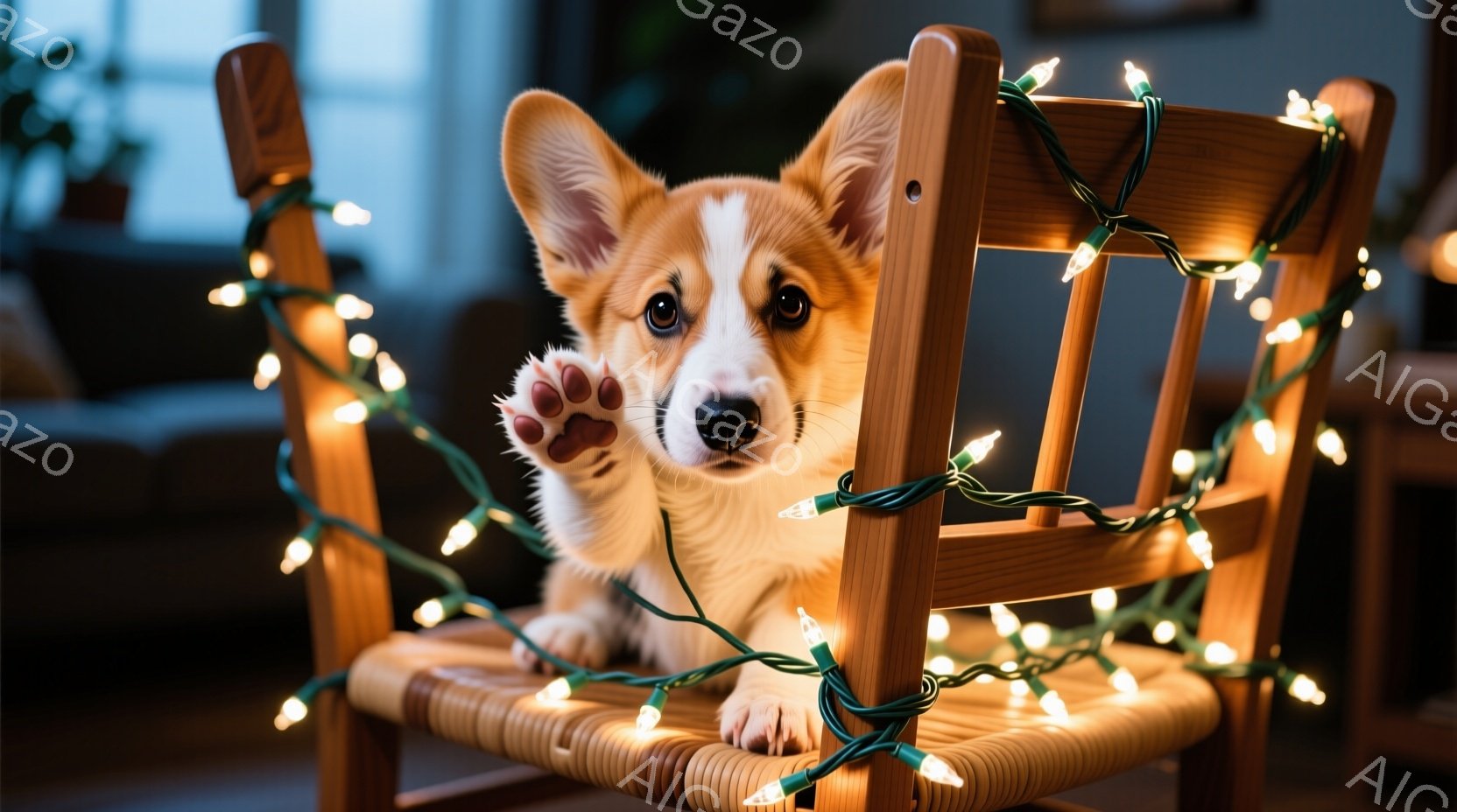 暖炉のような木の椅子に、コーギーの子犬が座っており、周りはクリスマスのイルミネーションで飾られています。子犬は片手を上げて、カメラに向かって可愛らしい表情を浮かべています。背景はぼやけており、リビング - AI生成フリー素材
