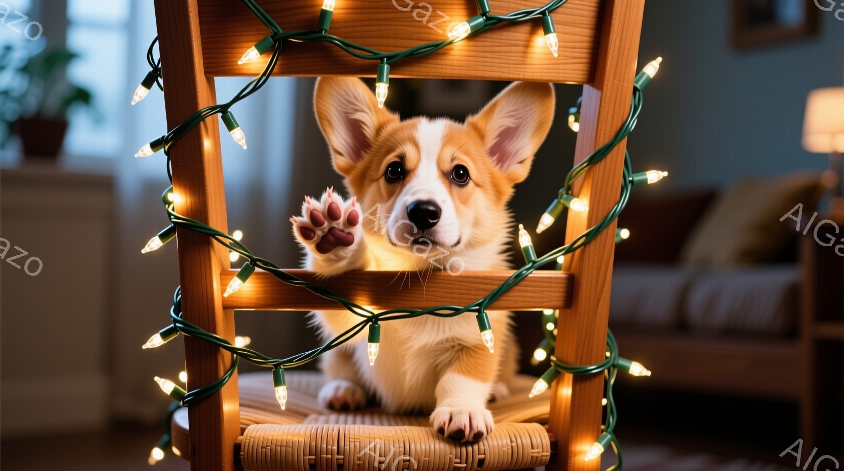 小さなコーギー犬が椅子に座り、前足で何かを掴もうとしている姿が写っています。周りには暖かい色のクリスマスライトが巻き付けられ、背景にはぼやけたリビングルームが見えます。全体的に暖かく、可愛らしい雰囲気 - AI生成フリー素材