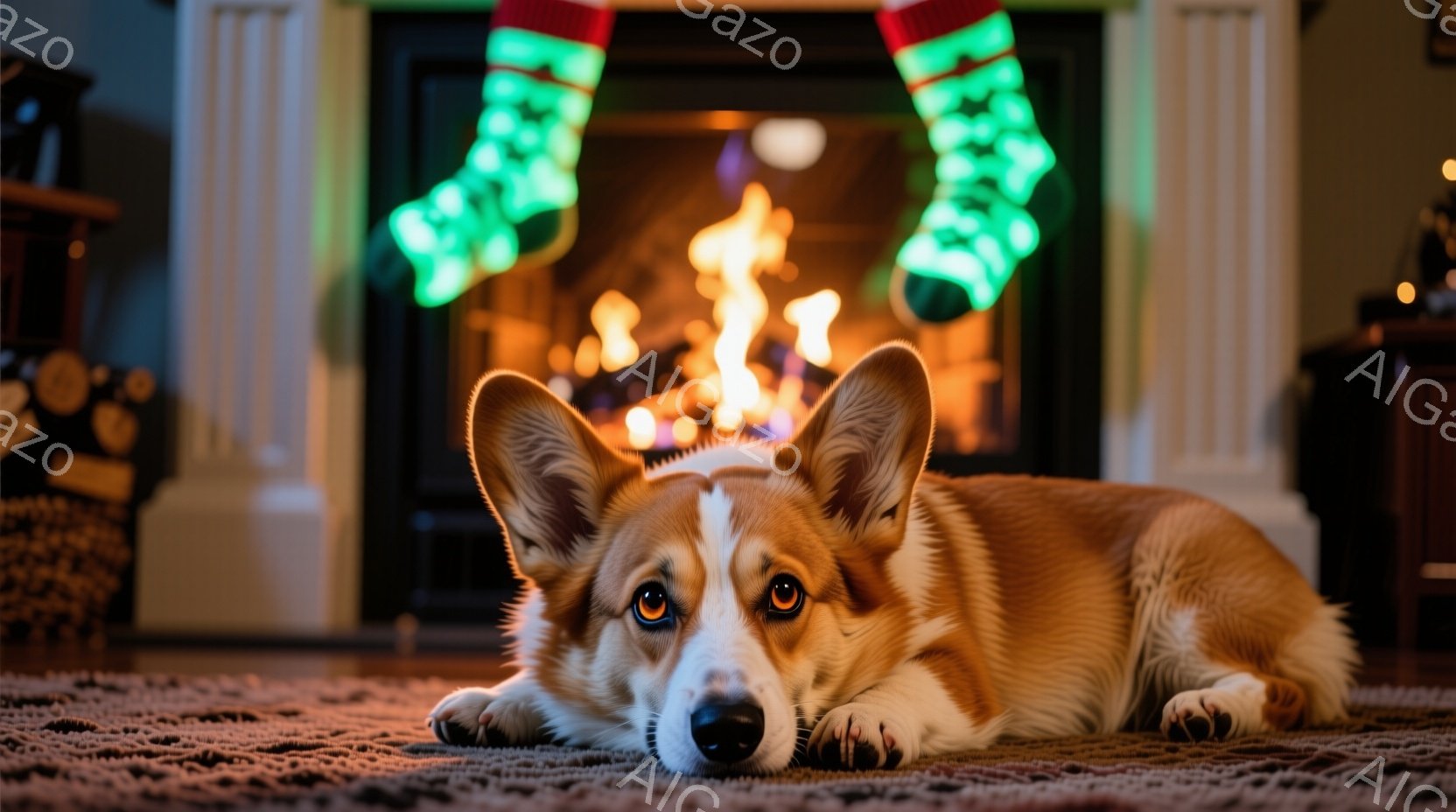 暖炉の前で、茶色と白のコルギ犬がリラックスして横たわっています。犬はカメラに向かって少し眠そうな表情で、落ち着いた雰囲気です。背景にはクリスマスらしい暖炉があり、赤い靴下が掛けられ、暖かく心地よい冬の風景が広がっています。