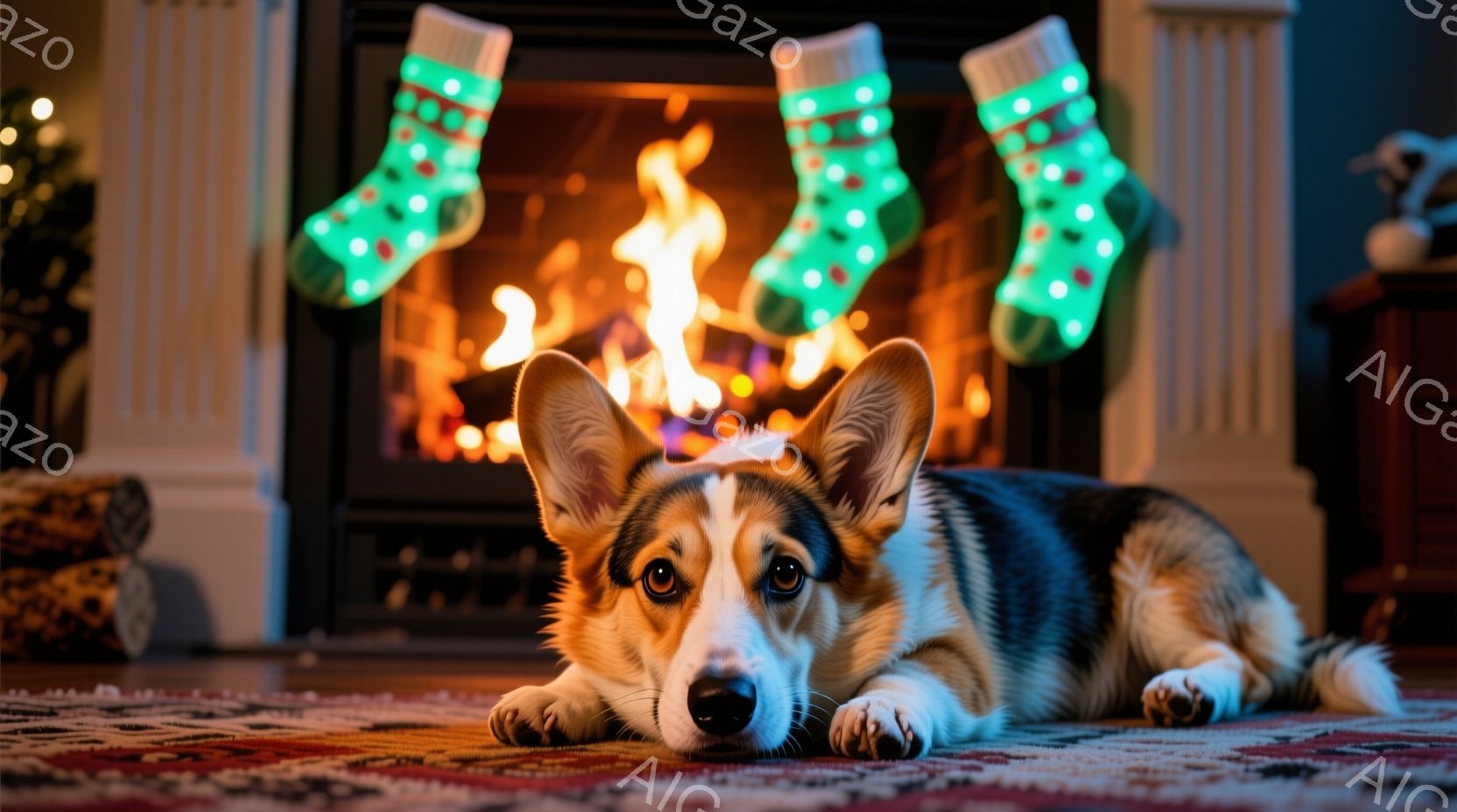 温炉の前でコルギ犬がリラックスして横たわっています。犬は茶色と白の毛並みで、暗い瞳でカメラを見つめており、穏やかな表情をしています。背景には、クリスマス柄の靴下が暖炉の上に飾られ、赤い模様のカーペット - AI生成フリー素材