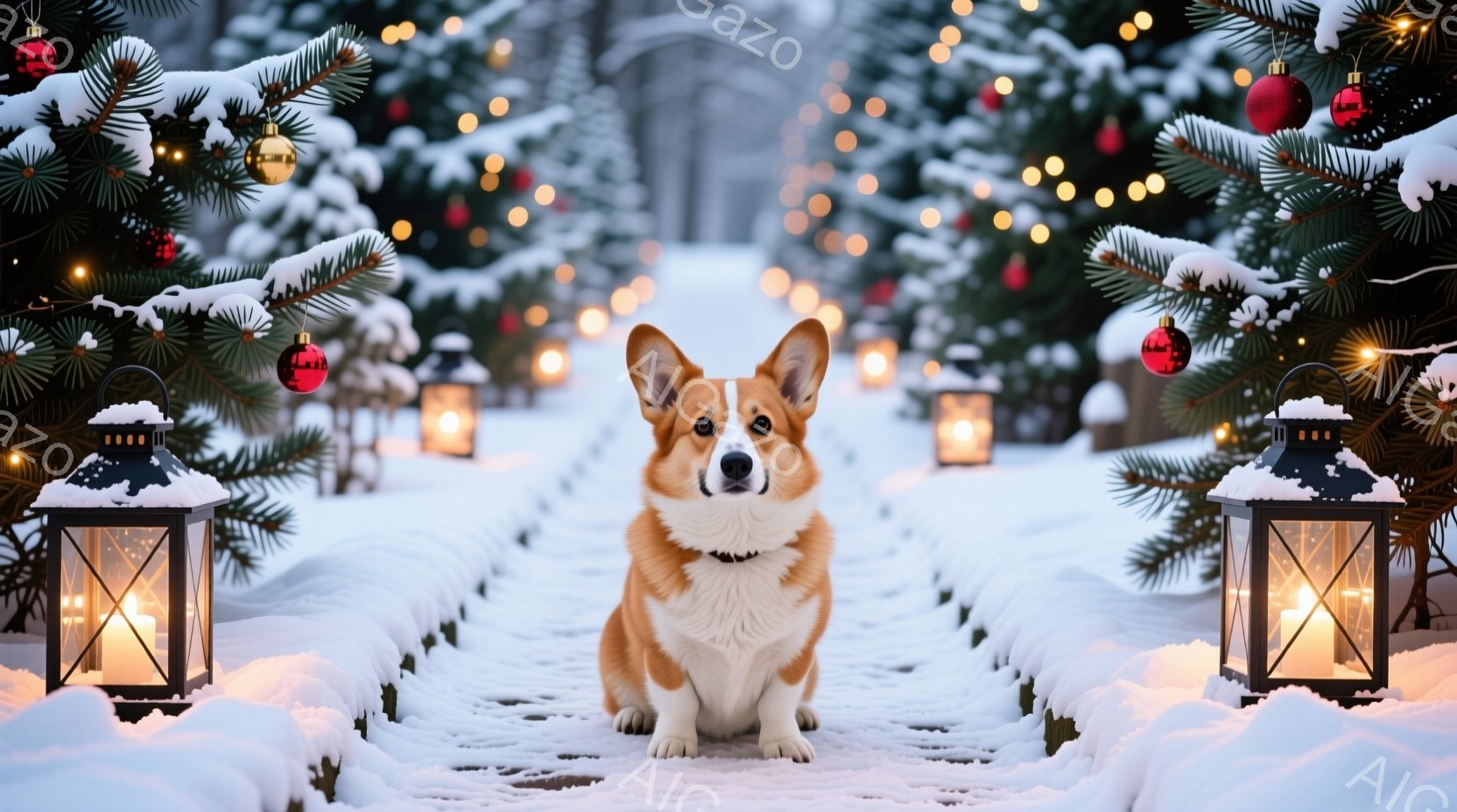 雪に覆われた道の中央に、コーギー犬が座っています。周りには点灯したランタンと、赤いオーナメントで飾られたクリスマスツリーが並び、冬の暖かく幻想的な雰囲気を醸し出しています。犬は正面を向き、穏やかな表情 - AI生成フリー素材
