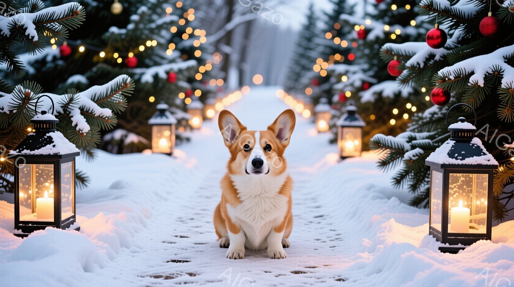 雪に覆われた道の中央に、コルギ犬が座っています。犬は落ち着いた表情で、まっすぐカメラを見ています。背景にはクリスマスツリーと点灯されたランタンが並び、雪景色が幻想的な雰囲気を醸し出しています。