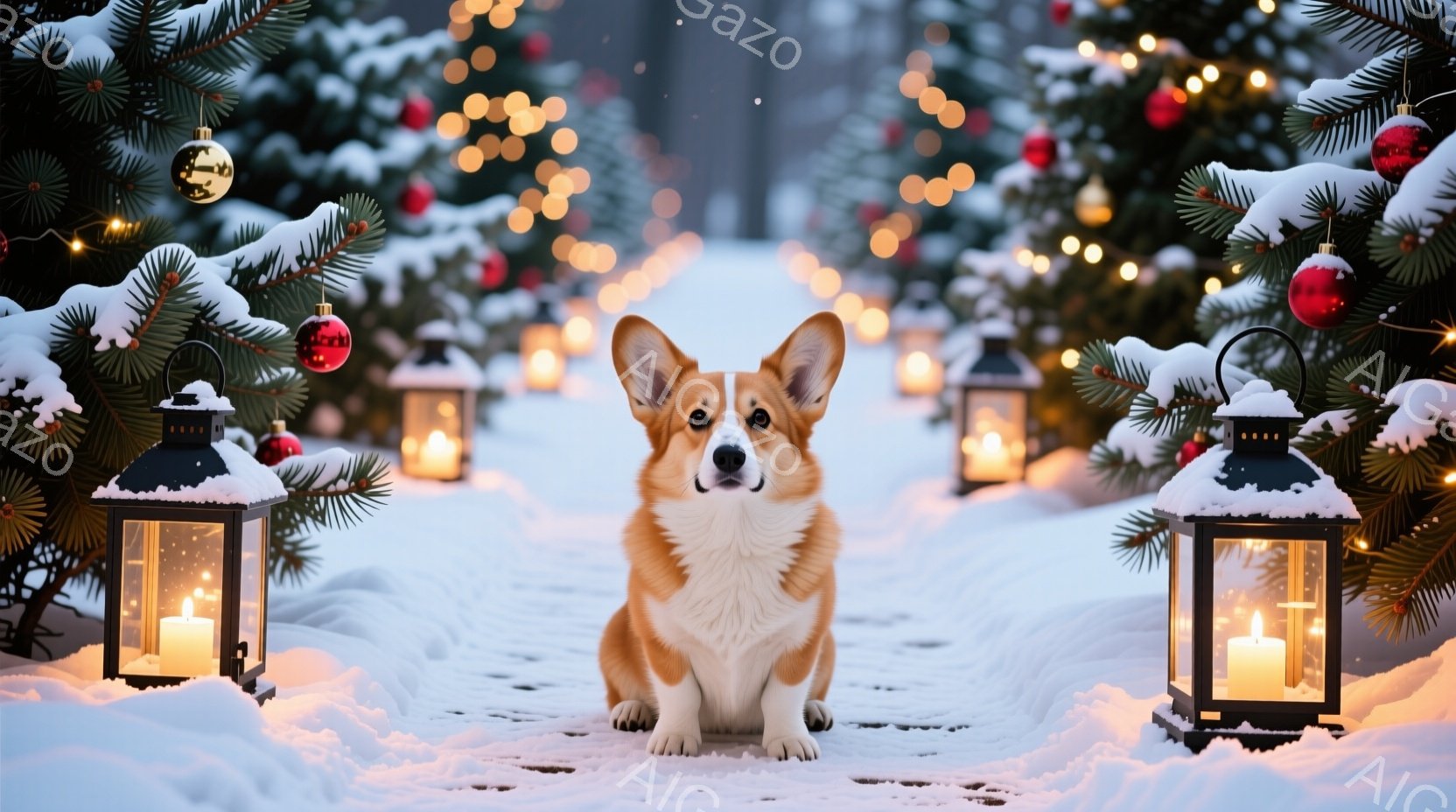 雪景色の中、コーギー犬が正面を向き、まっすぐ座っています。両脇には点灯したランタンが並び、背景にはクリスマスの飾り付けがされたモミの木が雪に覆われて見えます。温かい光と雪景色が組み合わさり、幻想的で穏やかなクリスマスの雰囲気を醸し出しています。