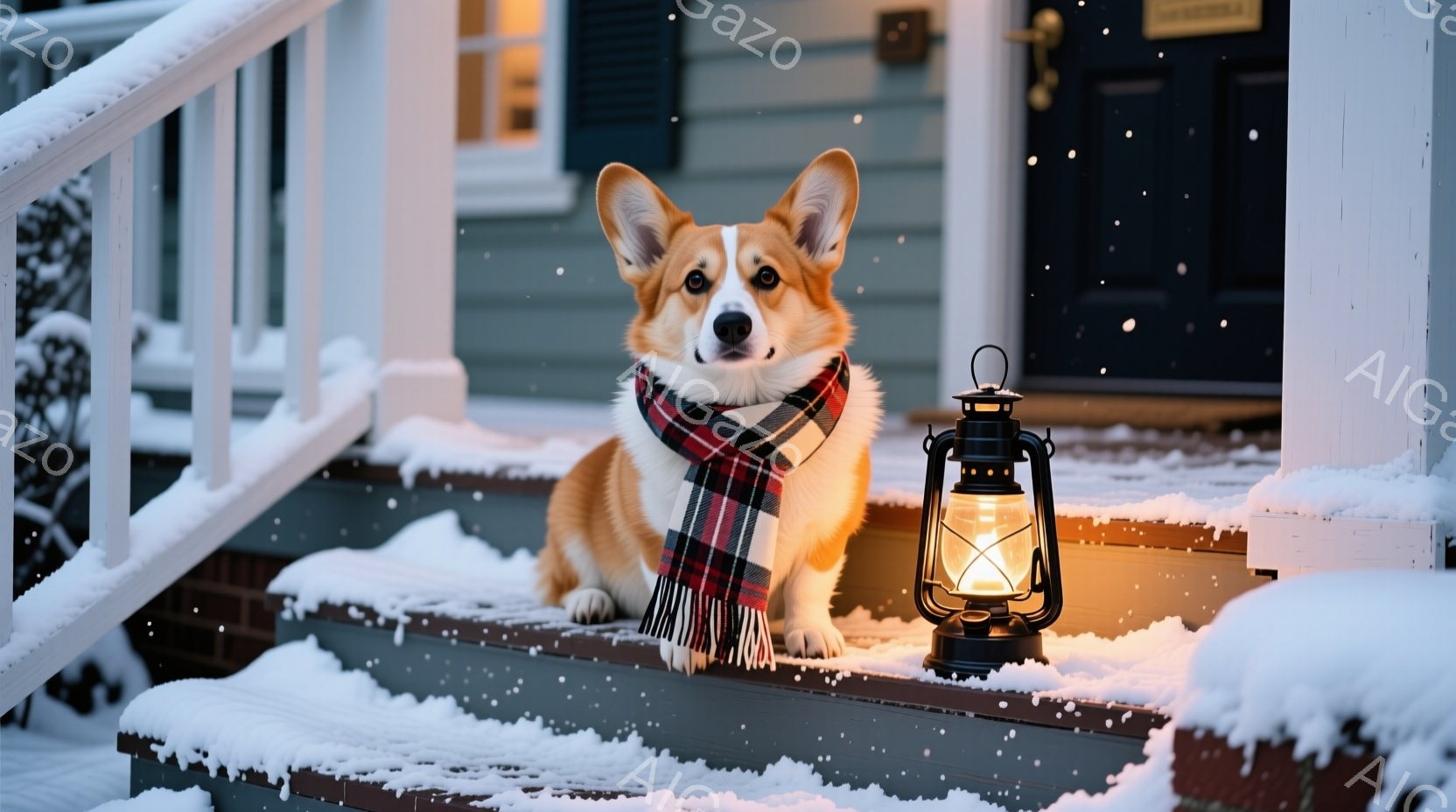 コーギー犬が雪に覆われた家の外階段に座っています。赤と黒のチェック柄のスカーフを巻いており、正面を見て穏やかな表情をしています。背景には、雪が降り積もった家と、暖かく光るランタンがあり、冬の静かで心地 - AI生成フリー素材