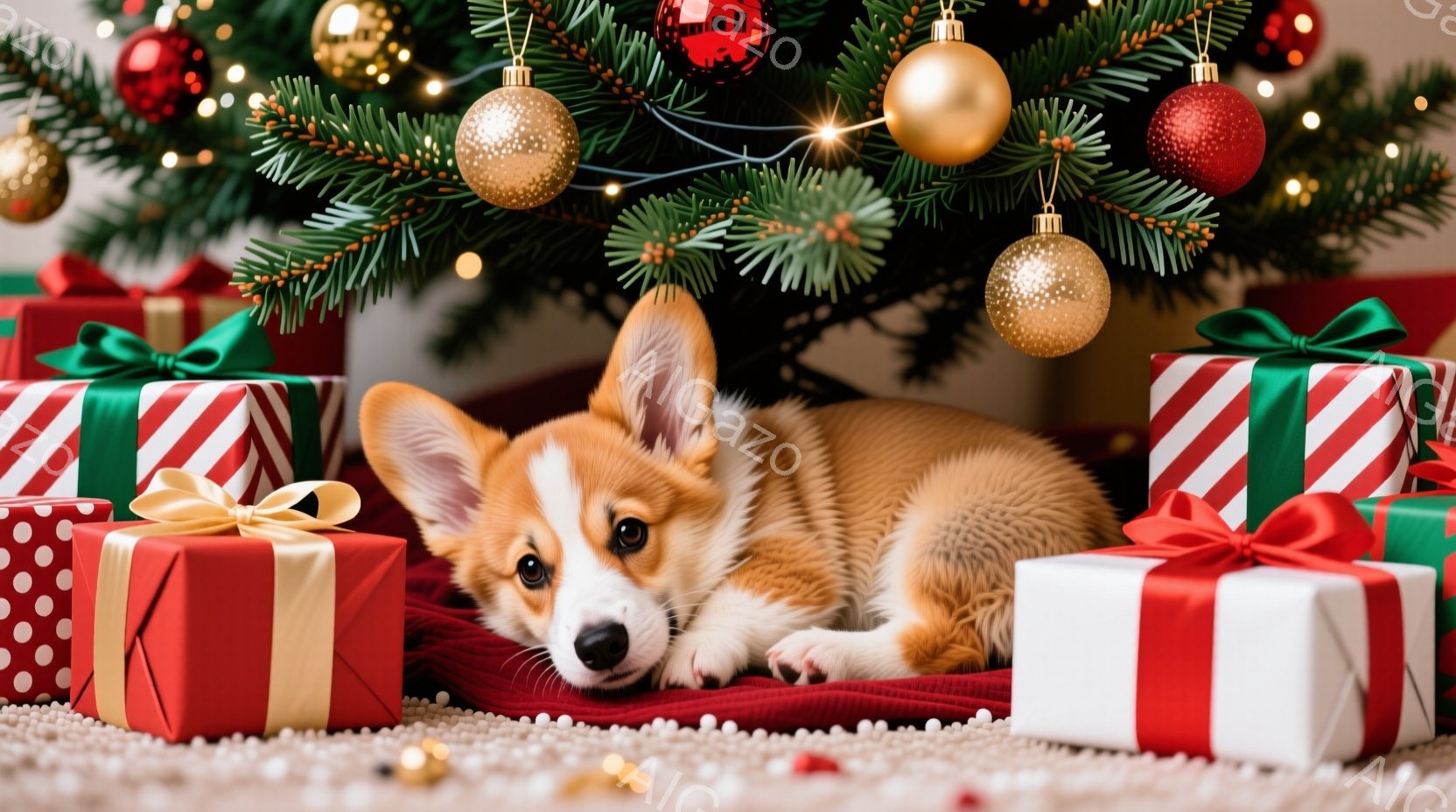 温かい光に照らされたクリスマスツリーの下に、オレンジ色のコーギーの子犬が赤色の敷物の上に横たわっています。周囲には緑、赤、金色の包装紙で飾られたプレゼントの箱がいくつか置かれ、お祝いの雰囲気を醸し出し - AI生成フリー素材