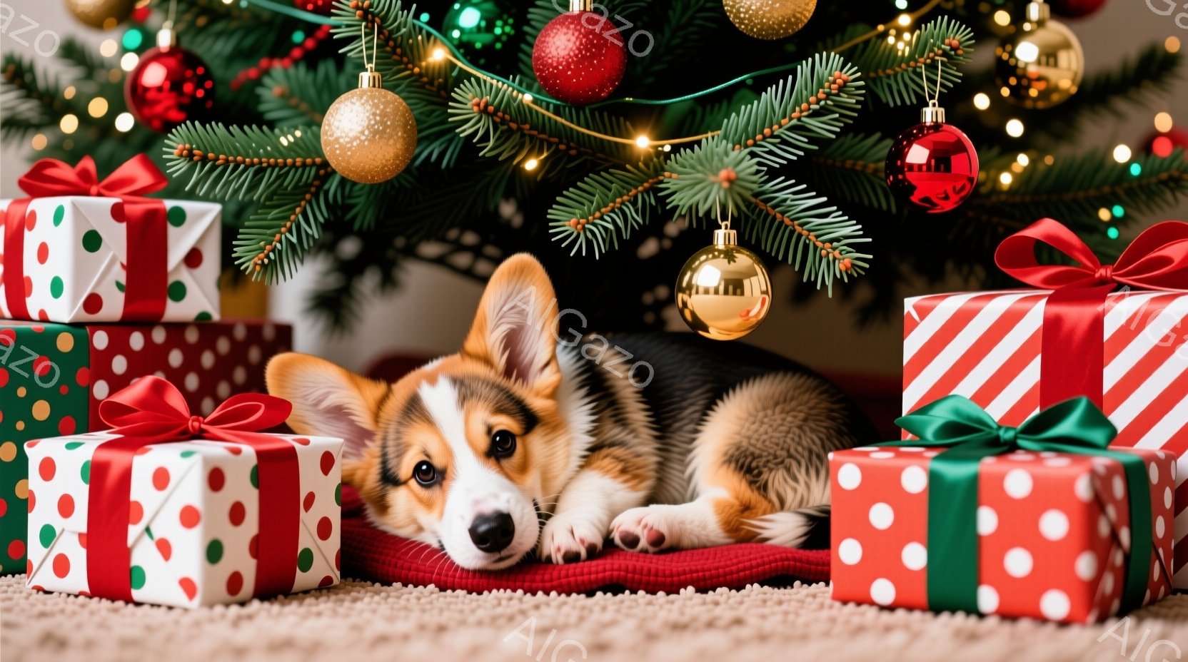コルギの子犬が、クリスマスツリーの下にあるプレゼントの山の中で横たわっています。プレゼントは赤と緑のストライプ、または水玉模様で、赤いリボンで飾られています。背景には緑のクリスマスツリーの枝と、輝くオ - AI生成フリー素材