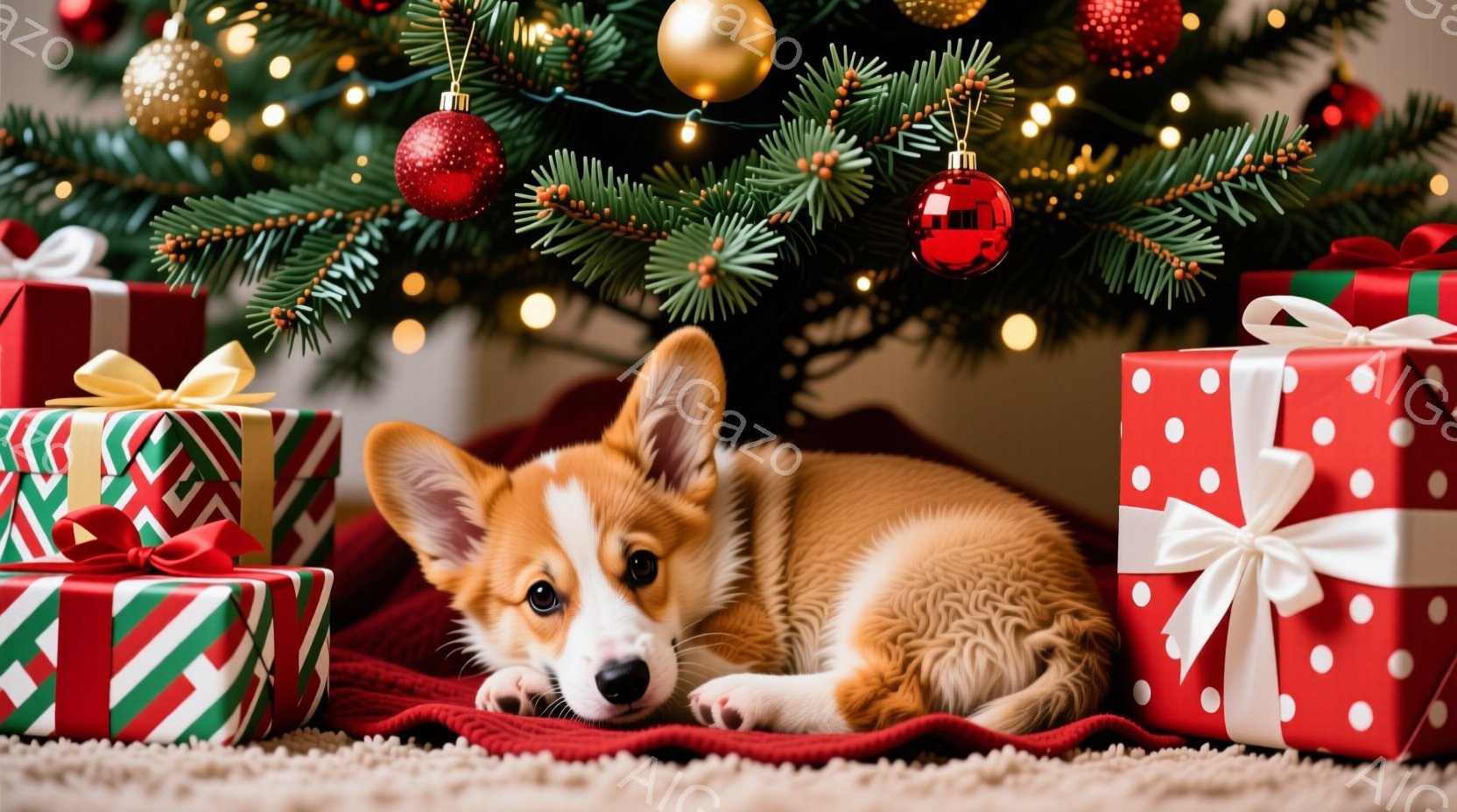 暖炉の近くのカーペットの上に、クリスマスプレゼントに囲まれたコーギーの子犬が横たわっています。子犬は茶色と白の毛並みで、リラックスした表情で、プレゼントの周りに赤い毛布が敷かれています。背景にはクリス - AI生成フリー素材