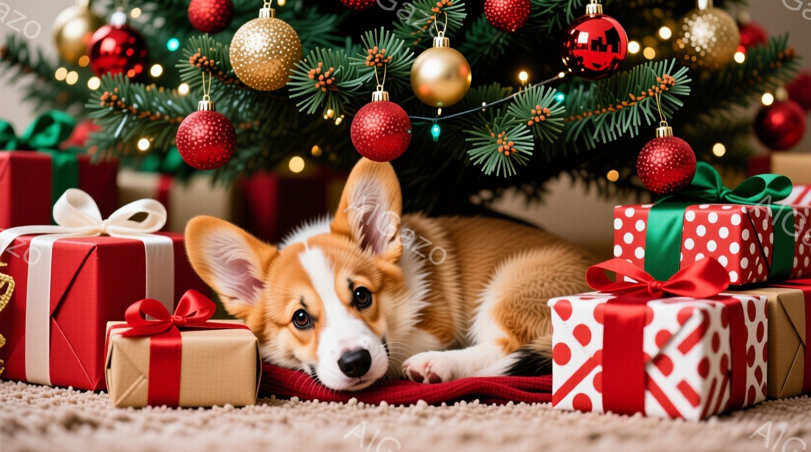クリスマスツリーの下に、様々なラッピングのプレゼントが積み重ねられています。その上に、愛らしいコーギーの子犬が横たわり、リラックスした表情でこちらを見ています。背景には緑のクリスマスツリーと、キラキラ - AI生成フリー素材