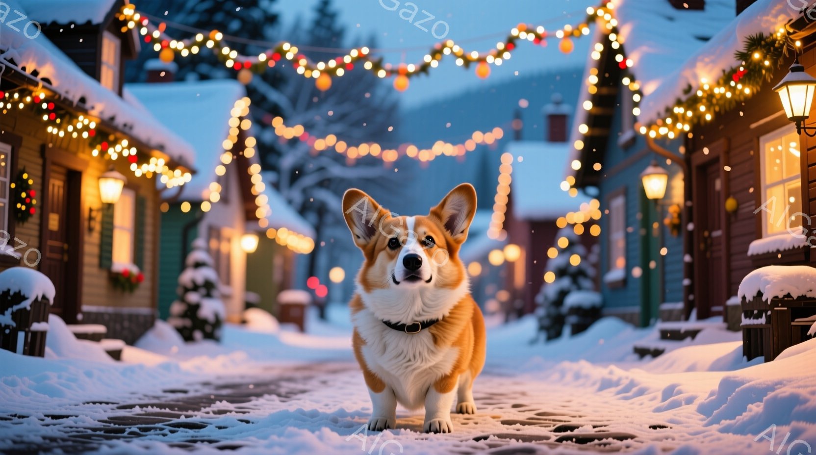 雪景色の中にいるコーギー犬が、カメラの方をまっすぐ見つめています。背景には、クリスマスイルミネーションで飾られた可愛らしい家々が並び、雪がちらちらと舞っています。暖かく幻想的な雰囲気で、冬の温かい祝祭 - AI生成フリー素材