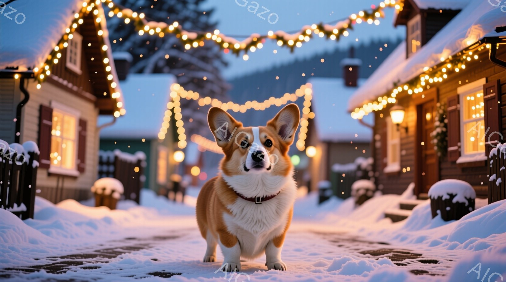 雪に覆われた通りの真ん中に、短い脚を持つコーギー犬が立っている。犬は赤い首輪をつけ、少し上目遣いで正面を見つめており、穏やかで落ち着いた表情をしている。背景には、クリスマスライトで飾られた可愛らしい家 - AI生成フリー素材