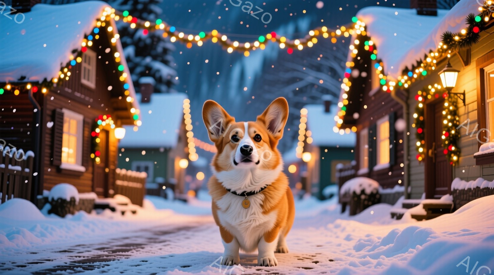 雪に覆われた庭に、小さなウェルッシュコーギーが横たわっています。その上には、温かい光を放つクリスマスライトで飾られたアーチが立っており、冬の暖かい雰囲気を演出しています。背景には雪で覆われた茂みと、ぼ - AI生成フリー素材