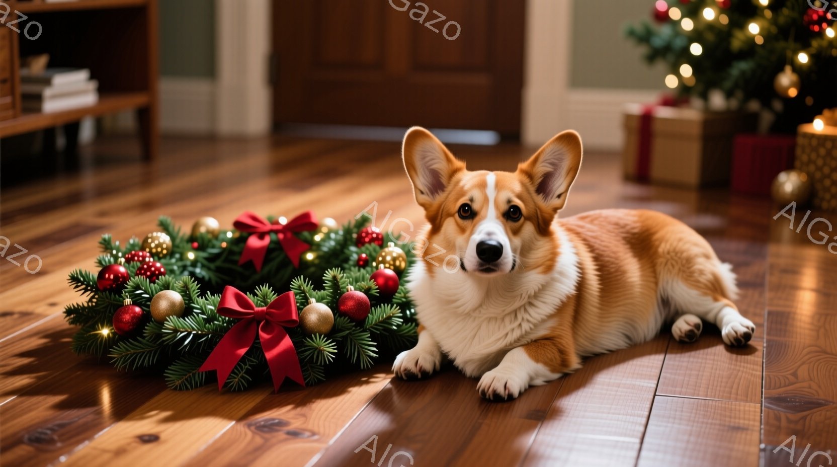 明るい木の床に、コーギー犬が横たわっており、隣には赤いリボンと金色のオーナメントで飾られたクリスマスリースがあります。犬は正面を見ており、落ち着いた表情をしています。背景にはクリスマスツリーとプレゼン - AI生成フリー素材