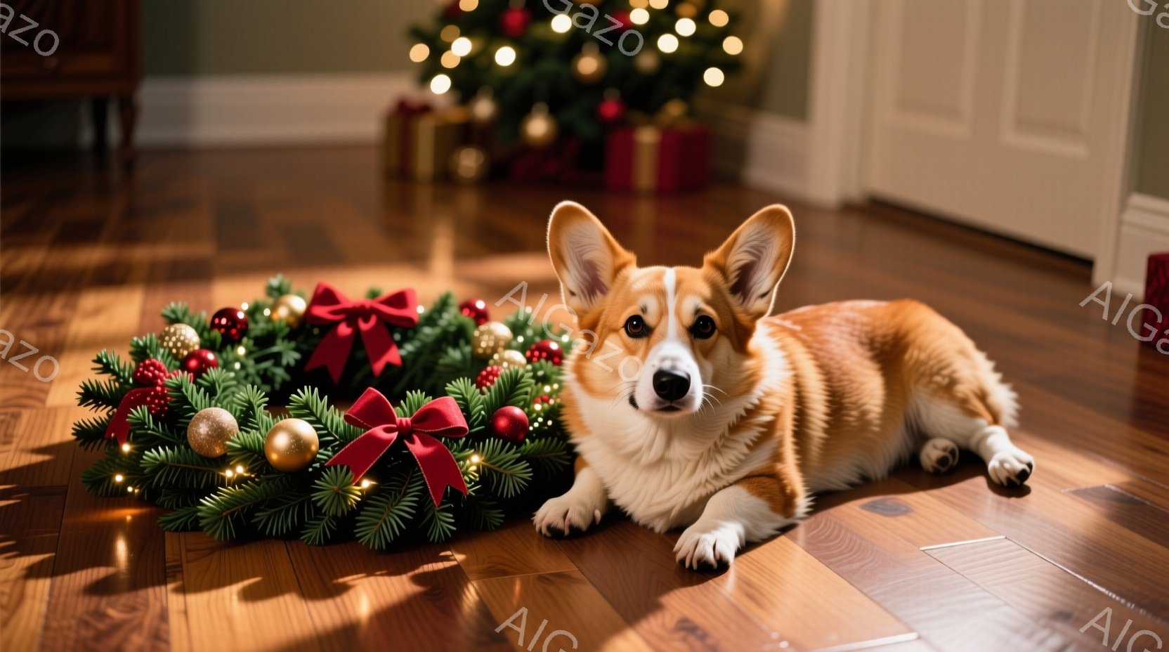 温かい光に照らされた木製の床に、コーギー犬が横たわっています。犬はリラックスした表情で、体の横にクリスマスリースが置かれています。背景には、飾り付けられたクリスマスツリーとプレゼントが見え、穏やかで心 - AI生成フリー素材
