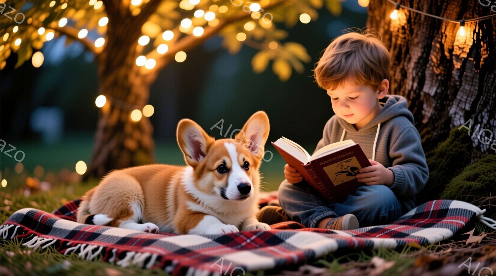 赤毛の少年が芝生の上に敷かれたチェック柄のブランケットの上で、膝を抱えて本を読んでいます。隣にはコルギ犬が横たわり、少年を見つめています。背景には木々があり、フェアリーライトが点滅し、暖かく穏やかな夜の雰囲気を作り出しています。