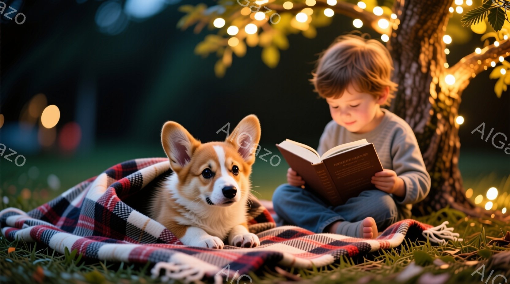 少年は芝生の上に座り、膝の上で本を開いて読んでいる。彼は灰色のズボンとセーターを着ており、少しうつむき加減で集中した表情をしている。背景には木があり、その周りに暖かい色の光が灯り、柔らかく幻想的な雰囲 - AI生成フリー素材