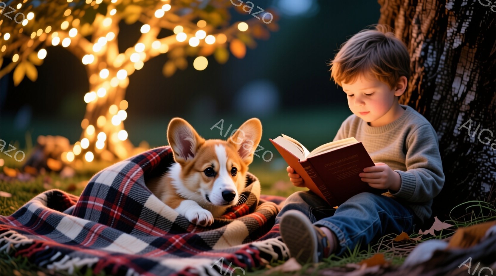 小さな少年が芝生の上に座り、本を熱心に読んでいる。彼はクリーム色のセーターとジーンズを身につけ、短くカールした髪をしている。背景には、ライトで飾られた木と、赤と黒のチェック柄のブランケットを敷いた場所があり、そばにはコルギ犬が横たわってリラックスしている様子が描かれている。