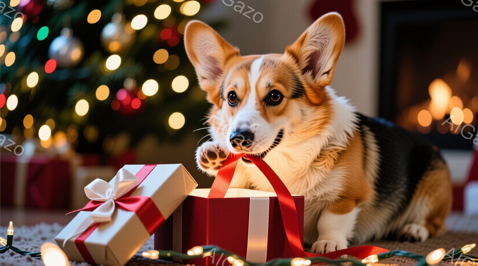 コーギーがプレゼントボックスの横に座り、前足で赤いリボンをつかんでいる様子が写っている。背景には、ぼやけたクリスマスツリーと暖炉の光があり、お祝いの雰囲気を醸し出している。明るいライトと赤いリボンが暖 - AI生成フリー素材