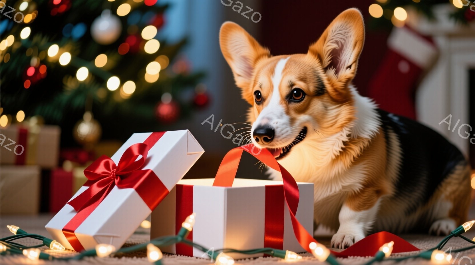 コーギー犬が、赤いリボンで飾られた開いた白いギフトボックスの前に座っています。犬は嬉しそうな表情で、片方の前足を箱の中に伸ばしています。背景には、ぼやけたクリスマスツリー、ギフトの山、そしてキラキラと - AI生成フリー素材
