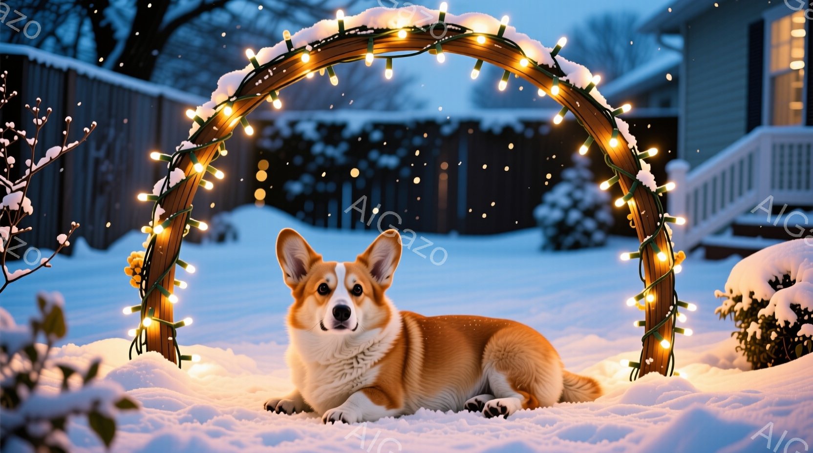 雪に覆われた庭に、コーギー犬が丸くなって座っています。頭上にはクリスマスイルミネーションが飾られたアーチがあり、犬を暖かく照らしています。背景には雪で覆われた木々や家が見え、冬の穏やかで心安らぐ雰囲気が漂っています。