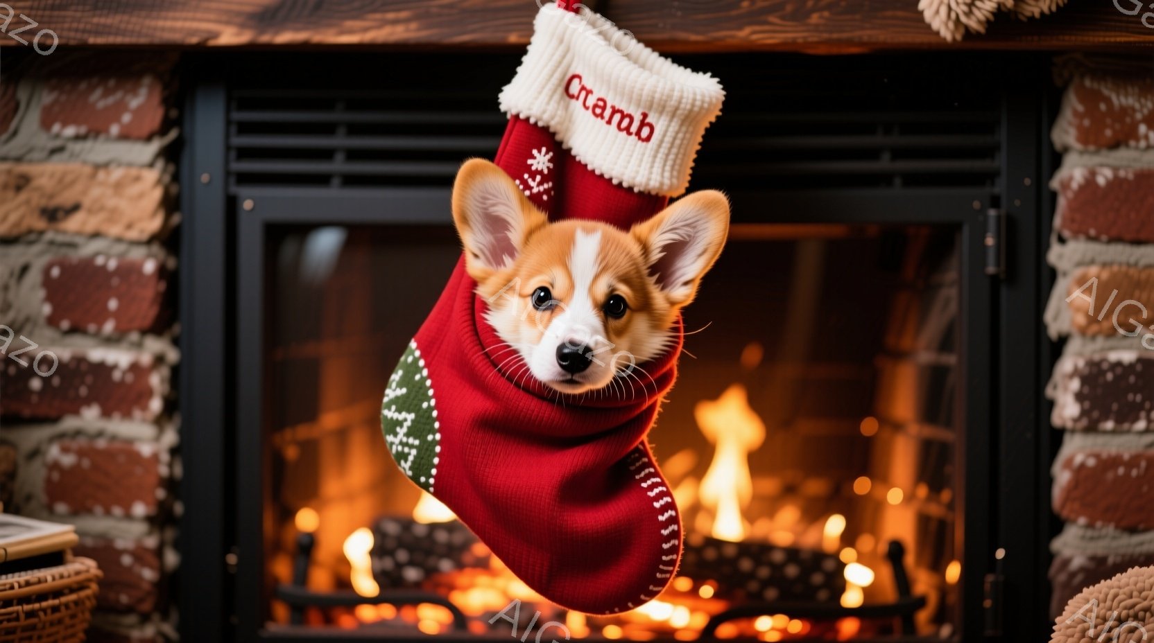 赤いクリスマスストッキングの中に、小さなコーギーの子犬が顔を出しています。子犬は好奇心に満ちた表情で、少し上を見上げています。背景には暖炉があり、燃え盛る炎が暖かく、心地よい雰囲気を醸し出しています。 - AI生成フリー素材