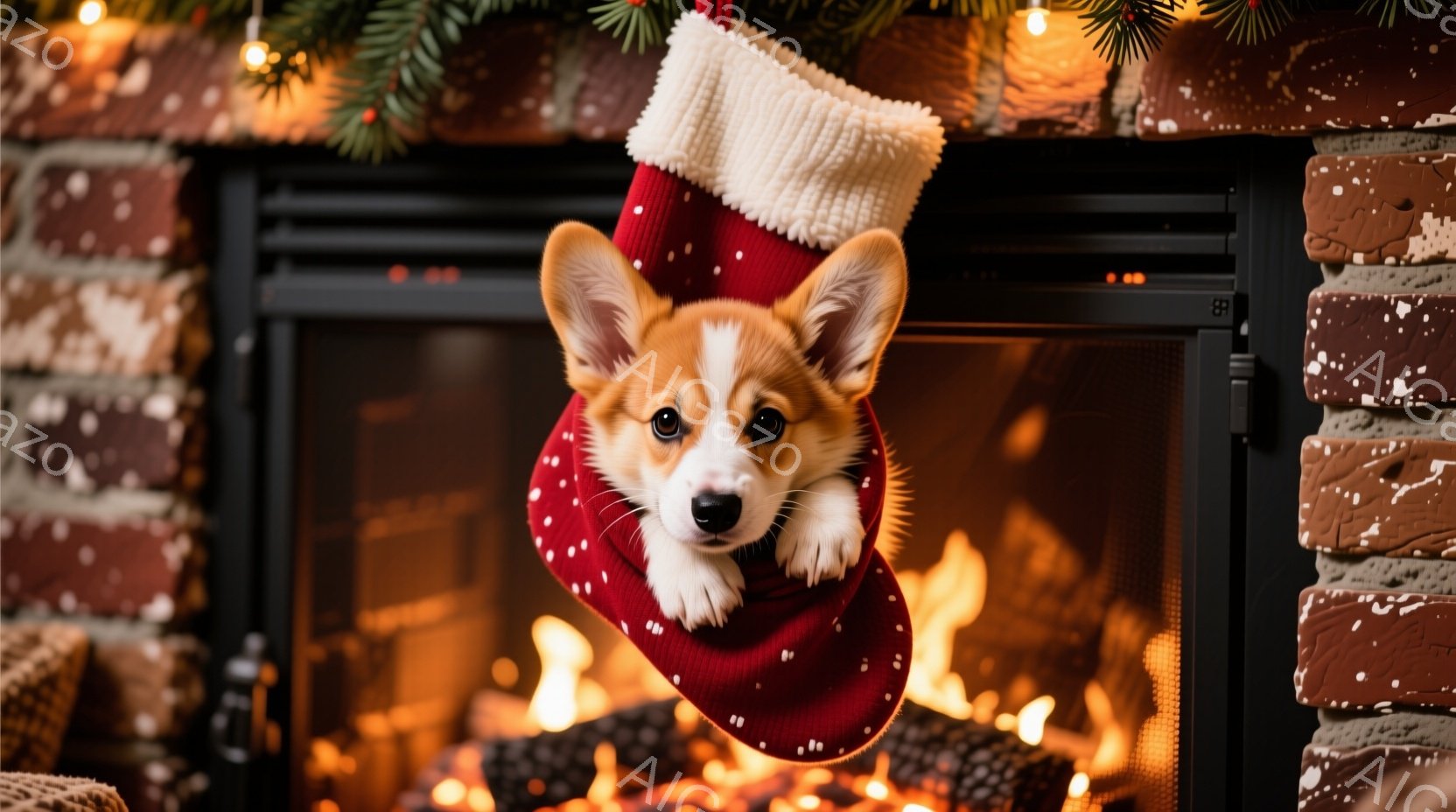 暖炉の赤いクリスマスストッキングの中から、コーギーの子犬が顔を出しています。子犬は白い胸と鼻を持ち、好奇心に満ちた表情でカメラを見つめています。背景には燃え盛る暖炉の炎とレンガ造りの壁があり、クリスマスの温かく居心地の良い雰囲気を醸し出しています。