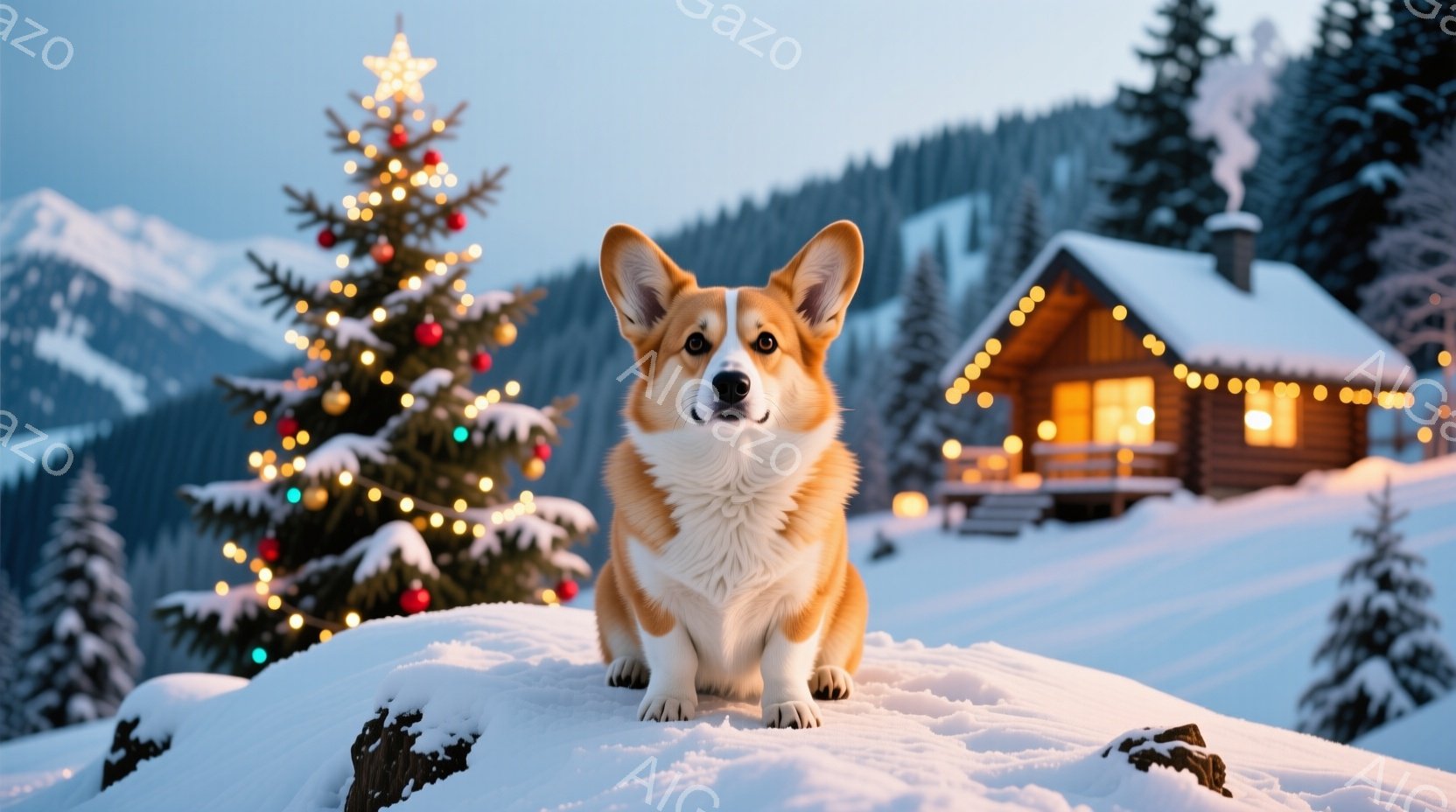雪に覆われた丘の上に、可愛らしいコーギー犬が座っています。背景には、クリスマスツリーが飾られ、温かい光を放つキャビンが見え、遠くには雪山が連なっています。全体的に暖かく、穏やかで、クリスマスの祝賀ムー - AI生成フリー素材