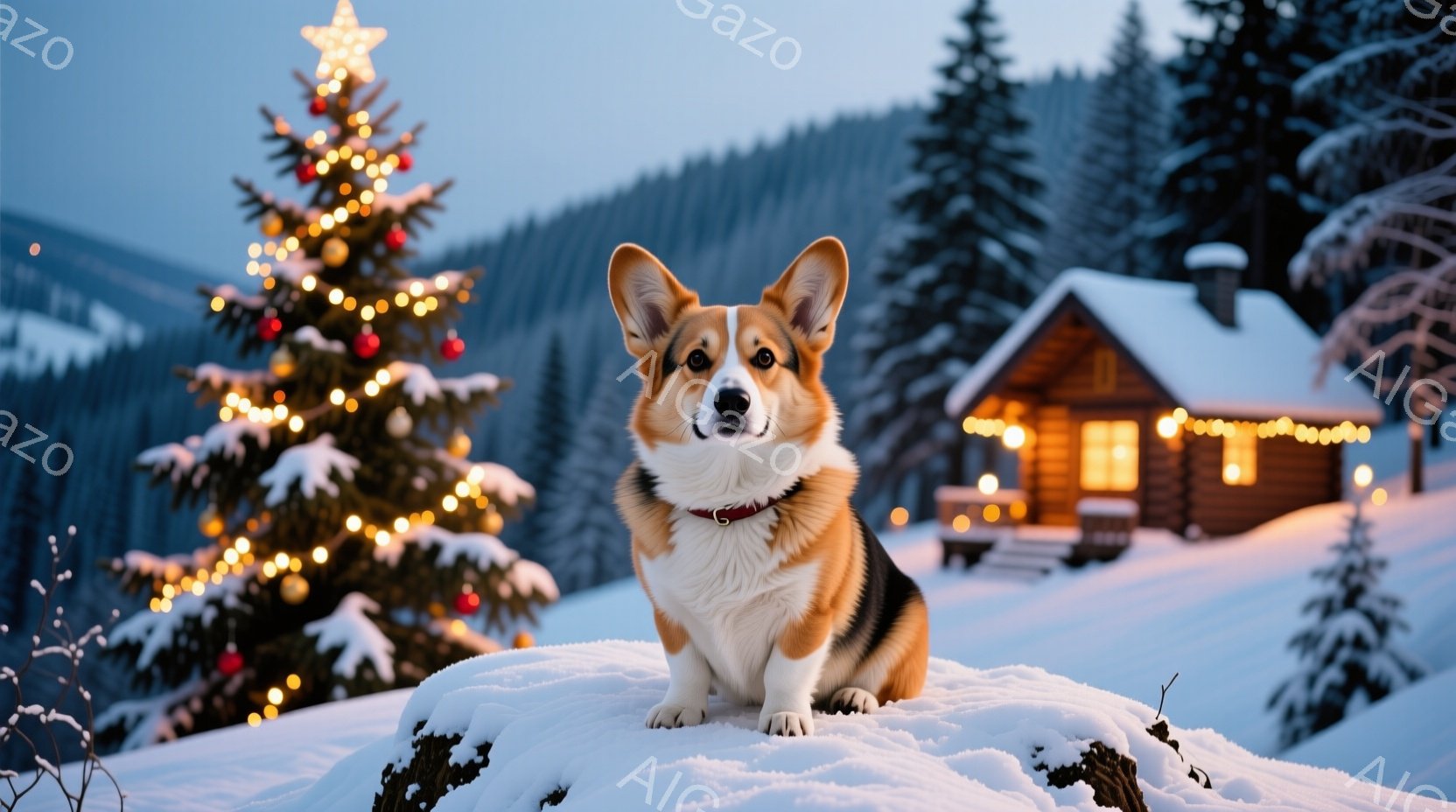 小さな秋田犬の子犬が、赤いリボンで飾られた白いギフトボックスとターコイズブルーのギフトボックスの中に座っています。子犬は好奇心いっぱいの表情で正面を見ており、箱の中に金色のキラキラした紙が敷かれていま - AI生成フリー素材