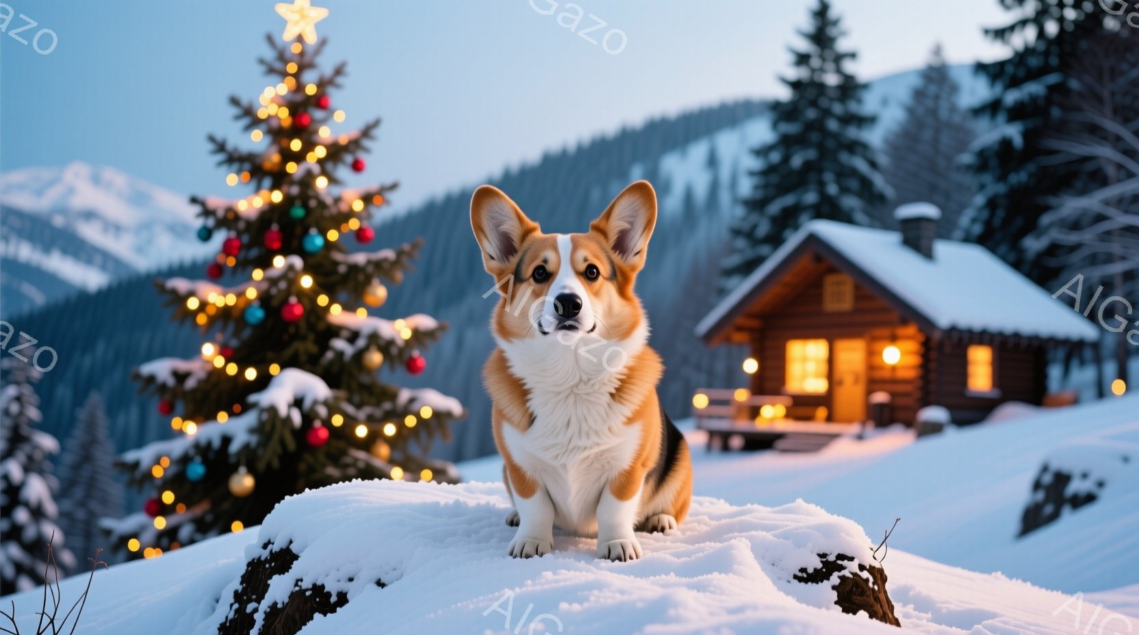 雪景色の中に、クリスマスの飾り付けがされたモミの木と、可愛らしいコーギーが座っています。コーギーは明るい表情で正面を見つめ、白い雪の上に堂々と座っています。背景には、雪を頂いた山々と、温かい光が灯るログハウスが見え、穏やかで温かいクリスマスの雰囲気が漂っています。