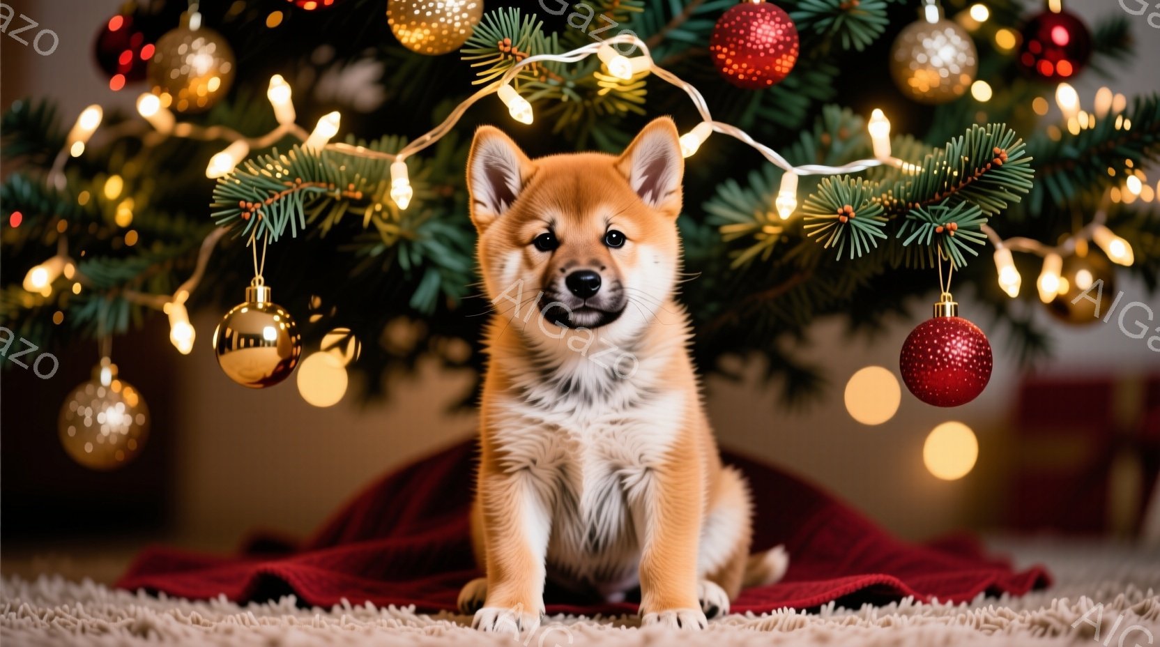 鮮やかなクリスマスツリーの前に、小さな柴犬の子犬が座っています。毛並みは柔らかい茶色で、まっすぐな姿勢でカメラを見つめており、つぶらな瞳が印象的です。背景にはぼやけたクリスマスツリーの飾りと光があり、 - AI生成フリー素材