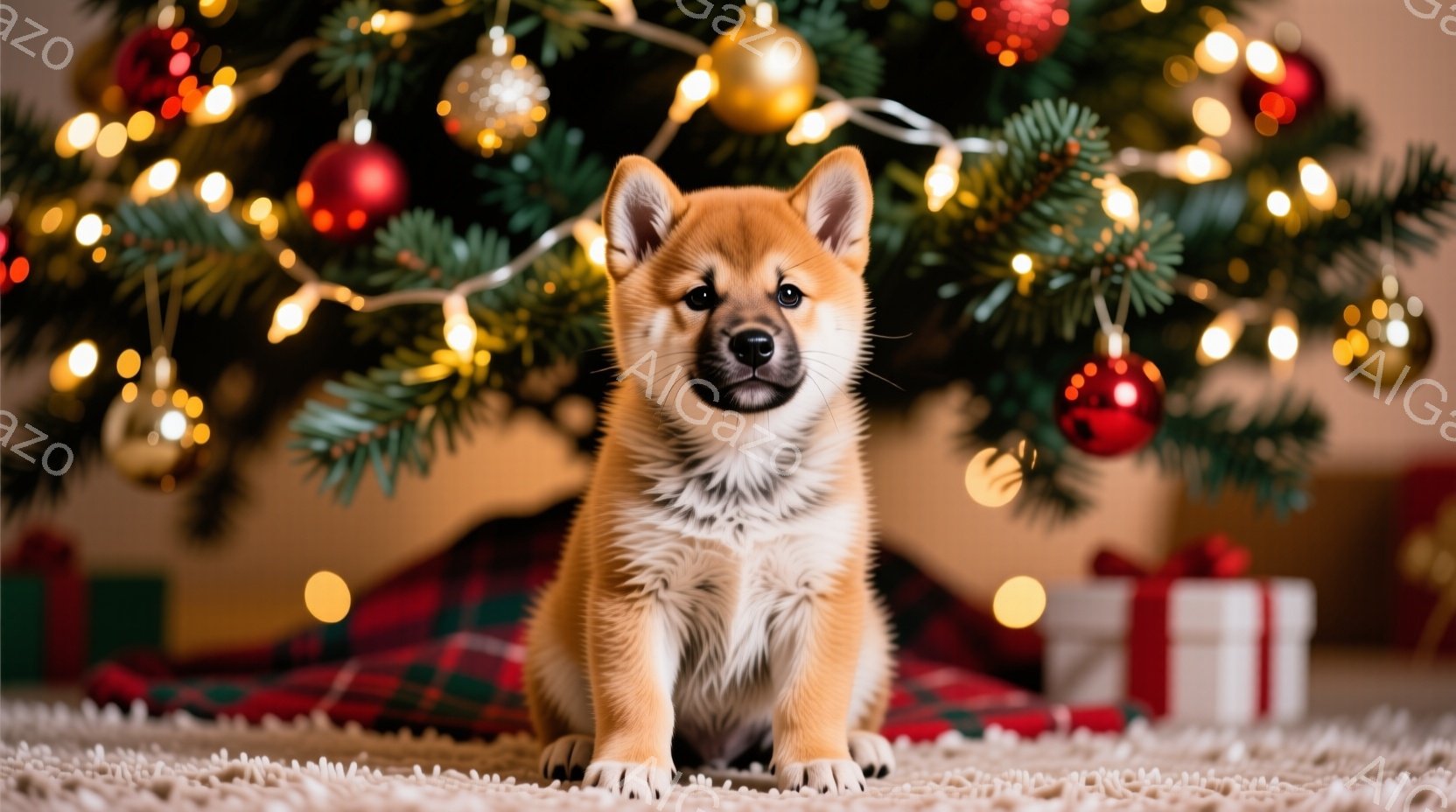暖炉の前に座っている柴犬の子犬が写っています。子犬はクリーム色と茶色の毛並みで、正面を見つめており、少し警戒したような表情をしています。背景には、装飾されたクリスマスツリーとプレゼントの箱があり、暖か - AI生成フリー素材