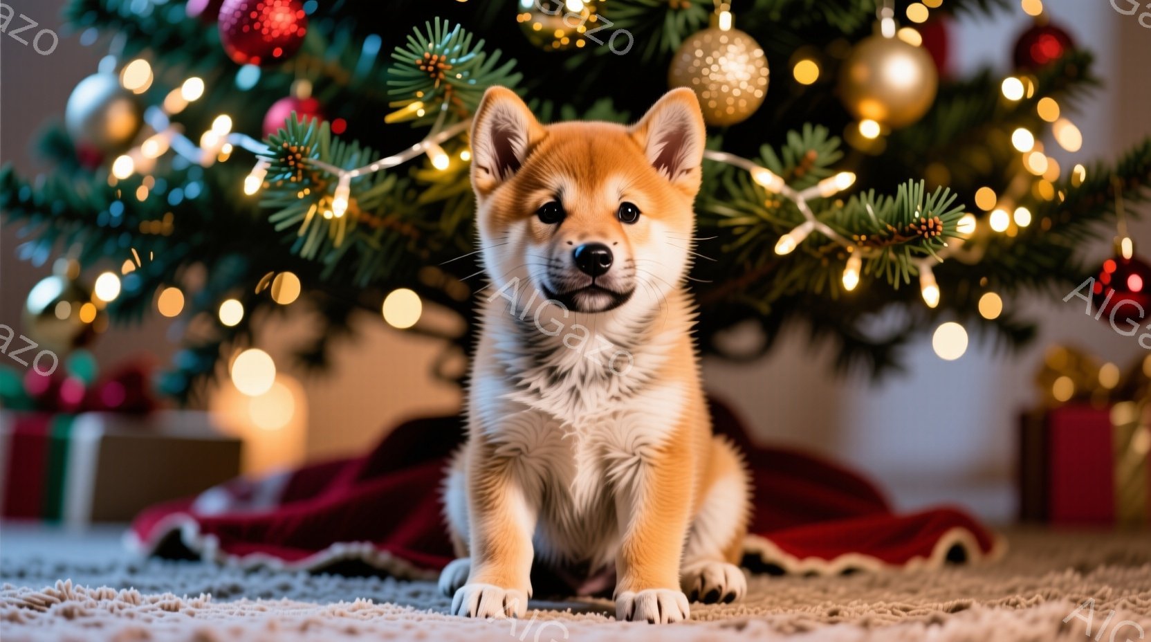 鮮やかなクリスマスツリーの足元に、愛らしい柴犬の子犬が座っています。子犬はクリーム色の毛並みで、大きな瞳と穏やかな表情をしています。背景には、プレゼントが置かれた赤い布と、きらめく電飾で飾られたクリス - AI生成フリー素材