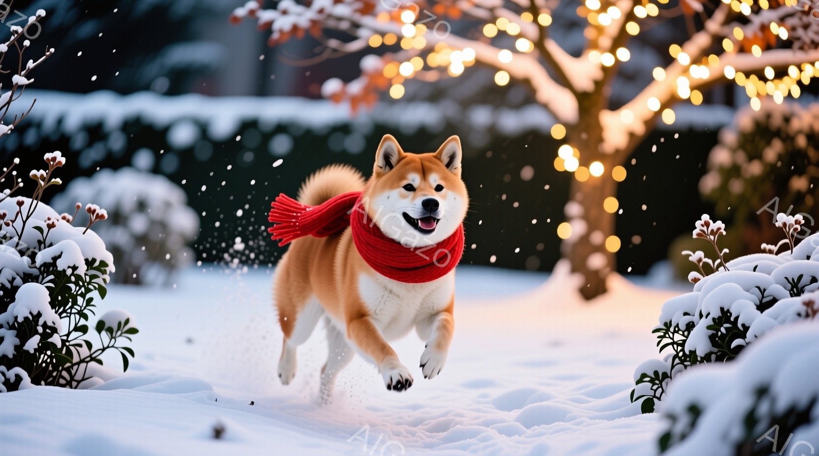 柴犬が雪の中を元気に駆け抜けている様子が写っている。首には赤いマフラーが巻かれており、雪煙を上げながら前方を向いて楽しんでいる表情が印象的だ。背景には雪を頂いた低木や、ぼんやりとした光の装飾が見え、冬 - AI生成フリー素材